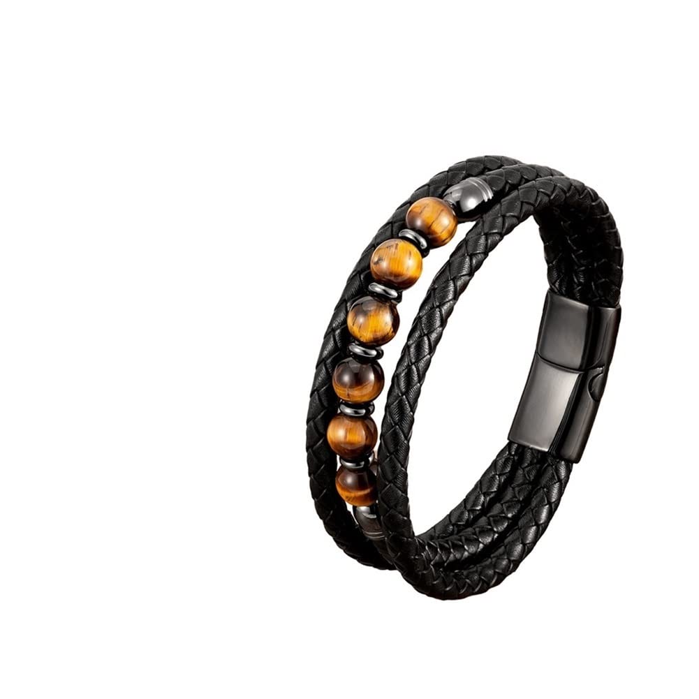 Multilayer Leather Beaded Bracelet for Men & Women - 8mm Beads, Adjustable 23cm Length, Green Metal Accents | Perfect for Casual Wear, Gifts & Boho Fashion