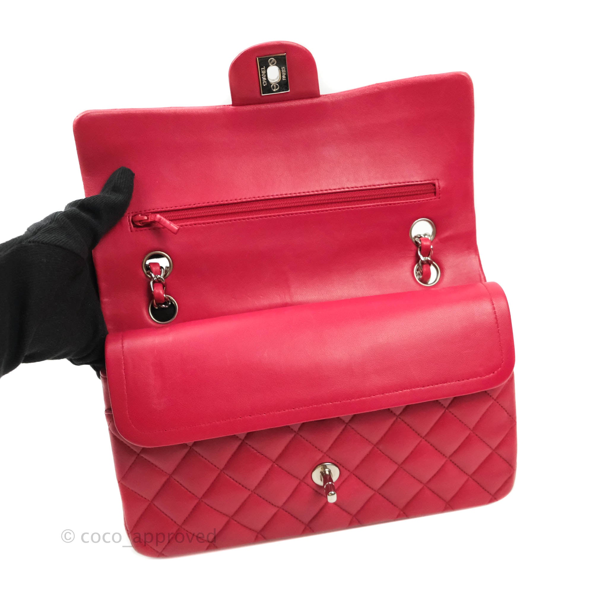Chanel Classic Medium Double Flap Bag - Red Lambskin Leather with Silver Hardware | Luxury Handbag for Women, Perfect for Parties & Evening Events