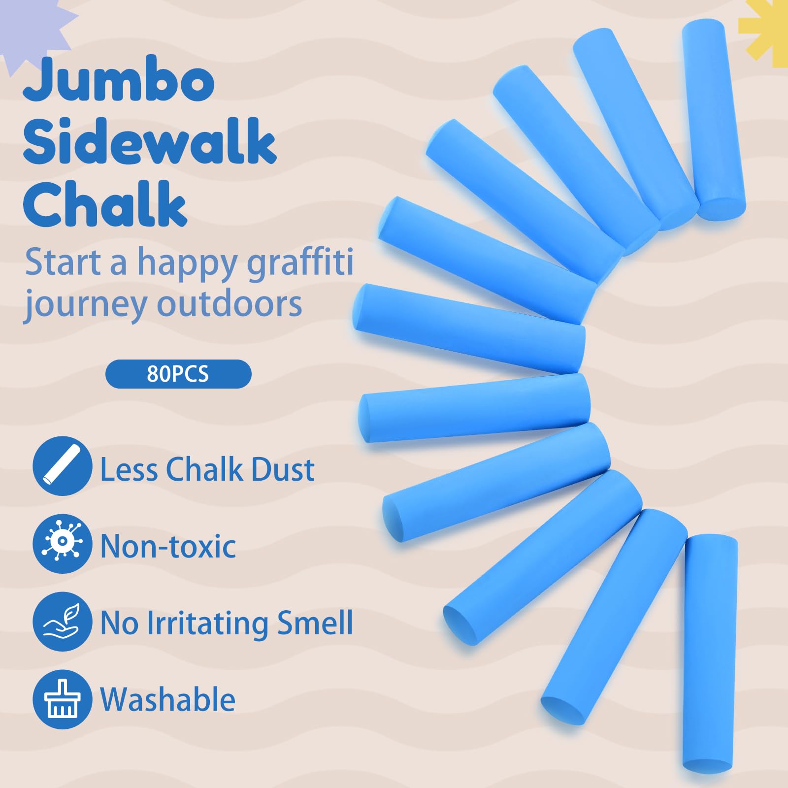 Fulmoon 80 Pcs Jumbo Sidewalk Chalk Bulk - Large Outdoor Washable Chalk for Kids, Toddlers & Adults - Non-Toxic Art Drawing & Painting Supplies - Perfect for Street Art, Classroom Activities & Christmas Gifts (Blue)