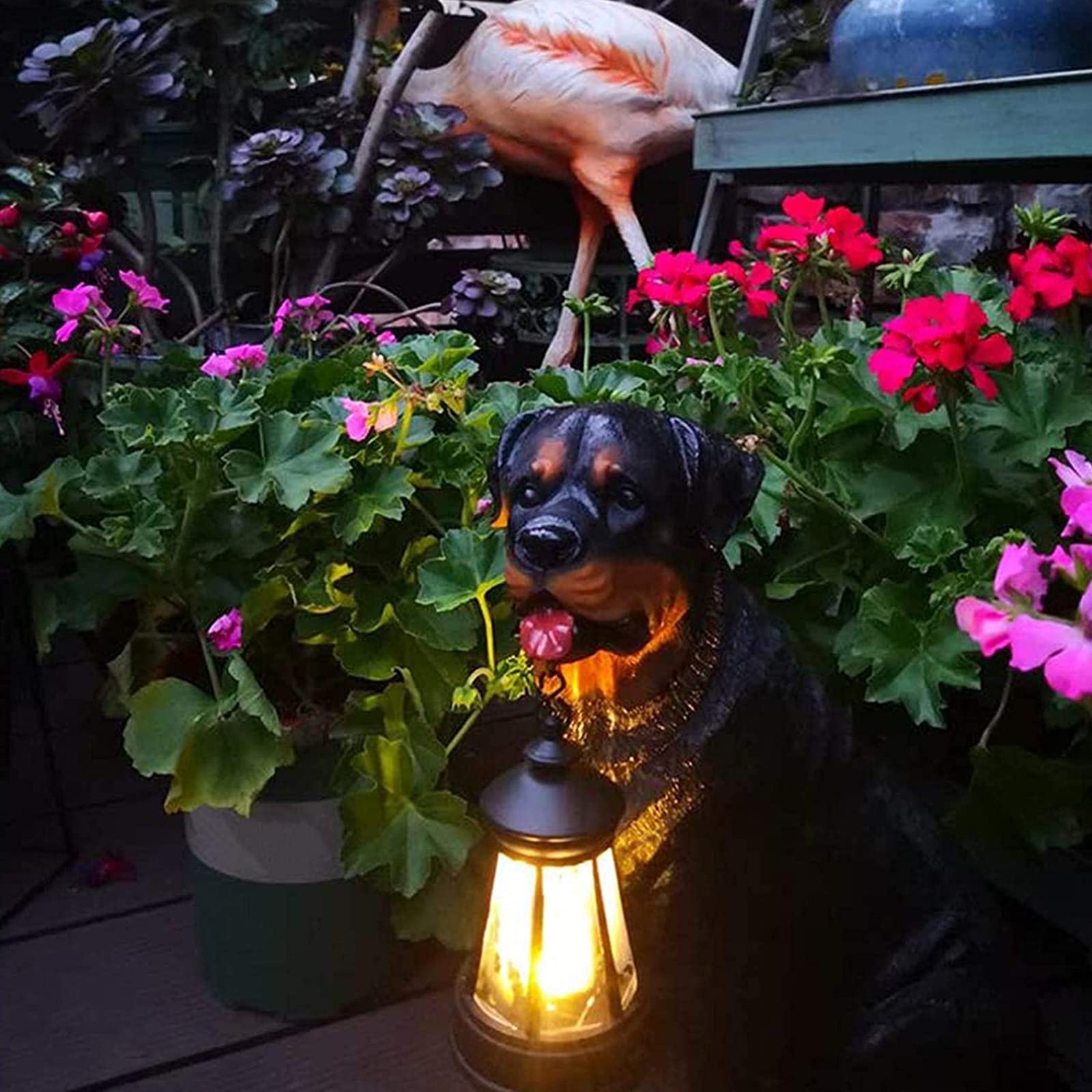 Solar Powered Rottweiler Statue - Outdoor Garden Dog Ornament with Detachable LED Solar Lights Lantern, Weatherproof Resin Decor for Patio, Lawn, Yard & Backyard