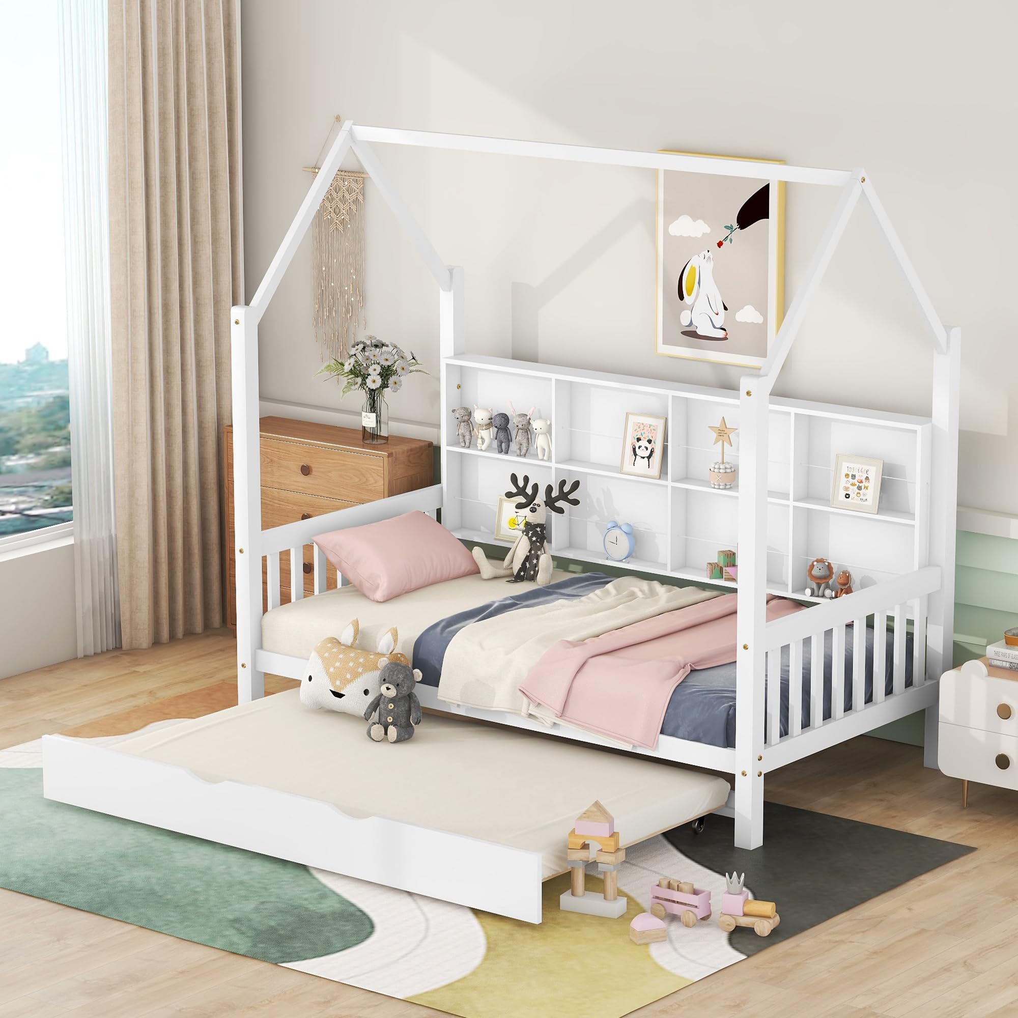 Harper & Bright Designs Twin Size House Bed with Trundle - Solid Wood Twin House Bed Frame with Storage Shelf, Playhouse Bed for Kids & Toddlers (Girls & Boys), No Box Spring Needed, White - Perfect for Bedroom, Playroom & Nursery Decor