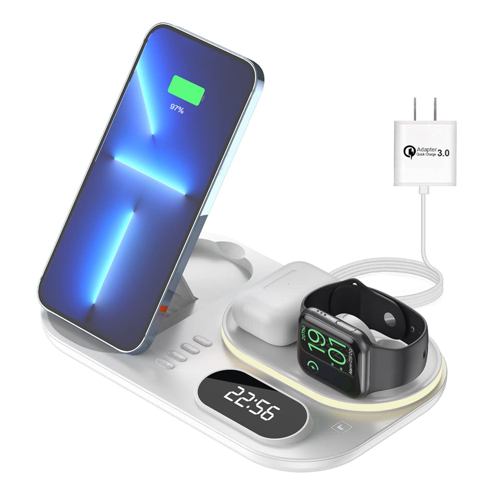 4-in-1 Wireless Charging Station with 15W Fast Charging - Compatible with Apple Watch SE/6/5/4/3/2/1, AirPods Pro & iPhone 13/12/11/X/8 Series - Perfect for Bedside, Office & Travel Charging