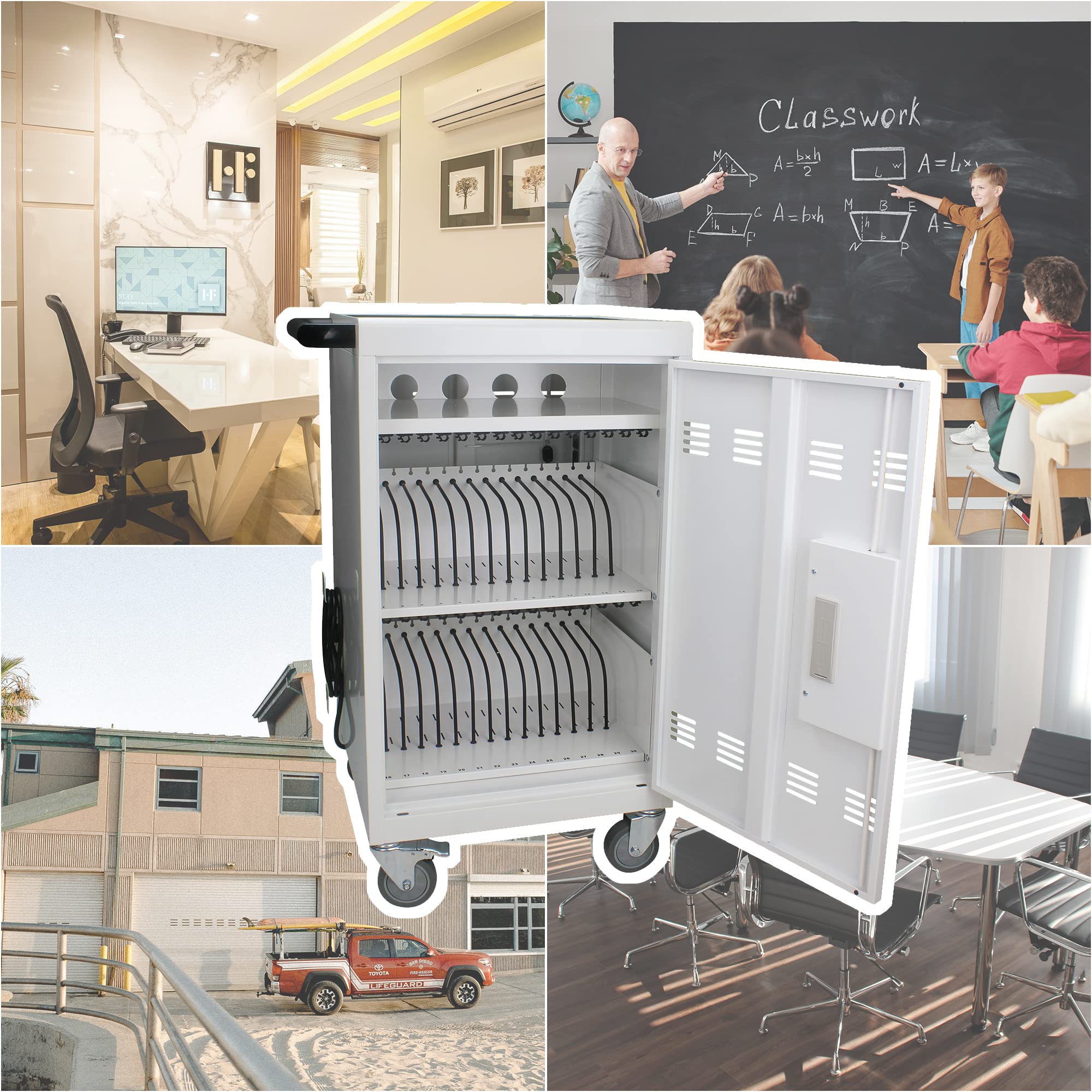 32-Port Mobile Charging Cart with Password Lock - Secure Charging Station for iPads, Chromebooks & Laptops - Lockable Front/Back Doors & Surge Protection - Ideal for Schools, Offices & Libraries