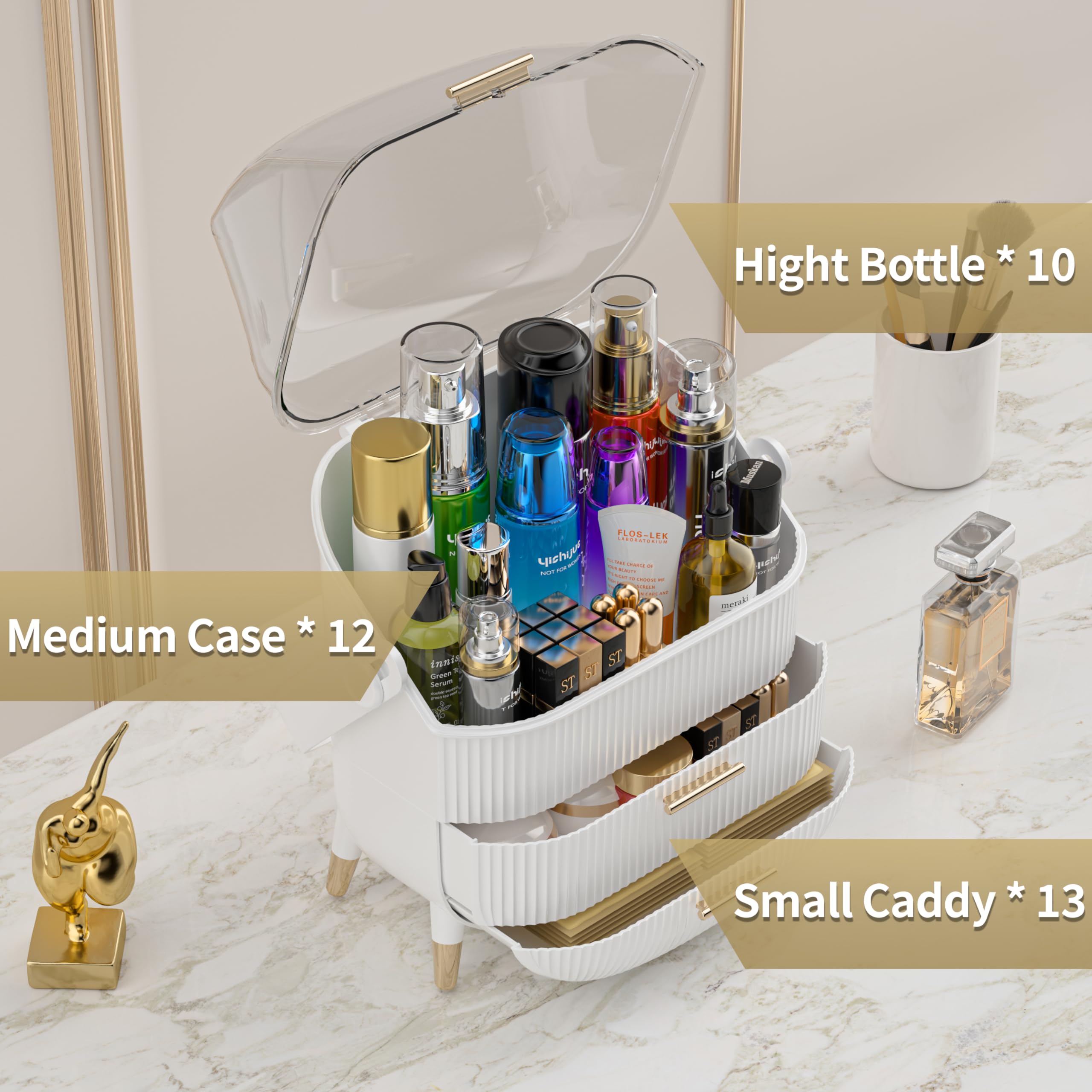 Oval Makeup Storage Box - Portable Vanity Cosmetics Organizer with Preppy Style for Countertop (White) | Perfect for Bedroom, Bathroom & Travel Beauty Organization
