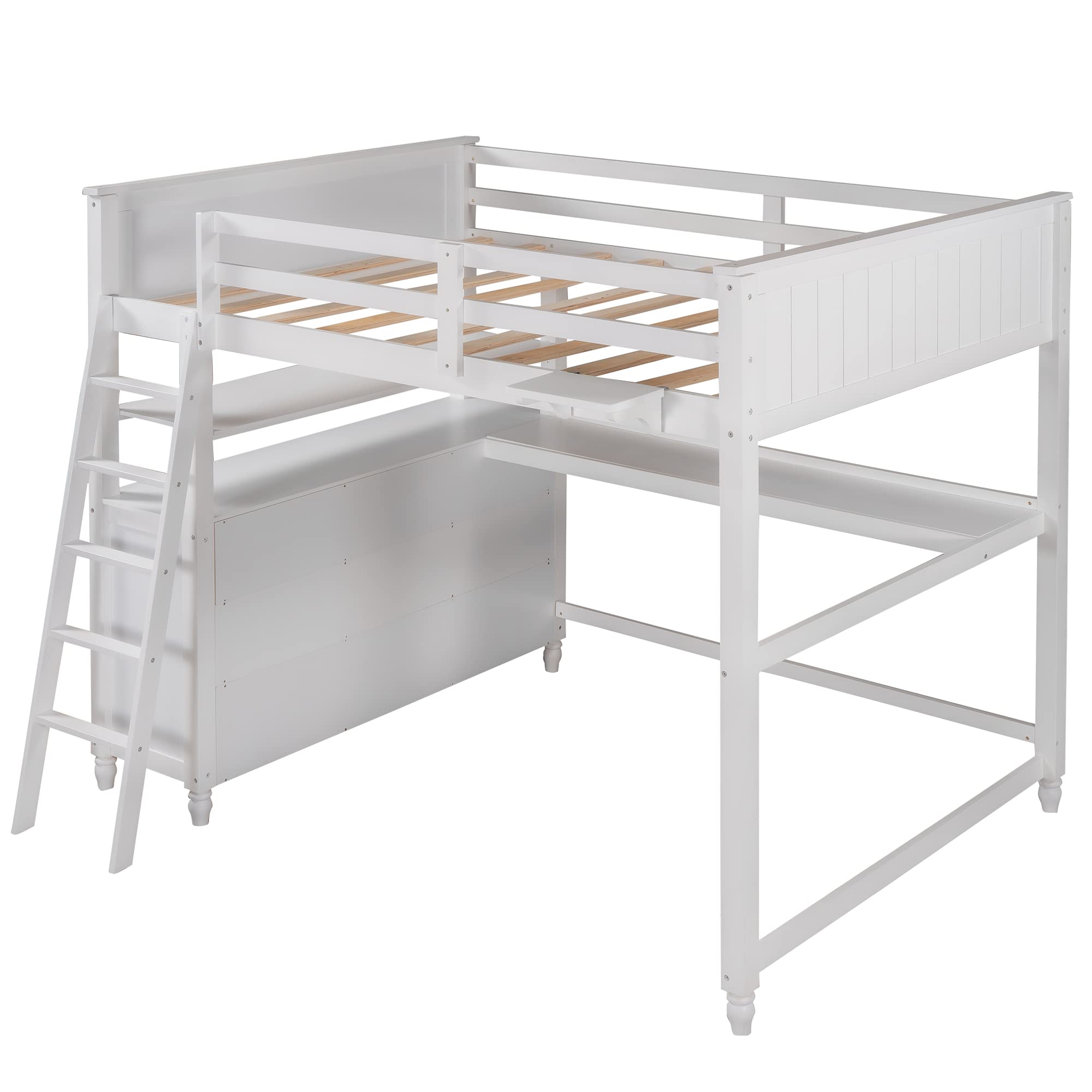 Full Size Loft Bed with 6 Drawers & Built-in Desk - Sturdy Wooden Bunk Bed Frame with Shelves, Full-Length Guardrail - No Box Spring Needed - Perfect for Small Rooms, Dorms & Apartments (White)