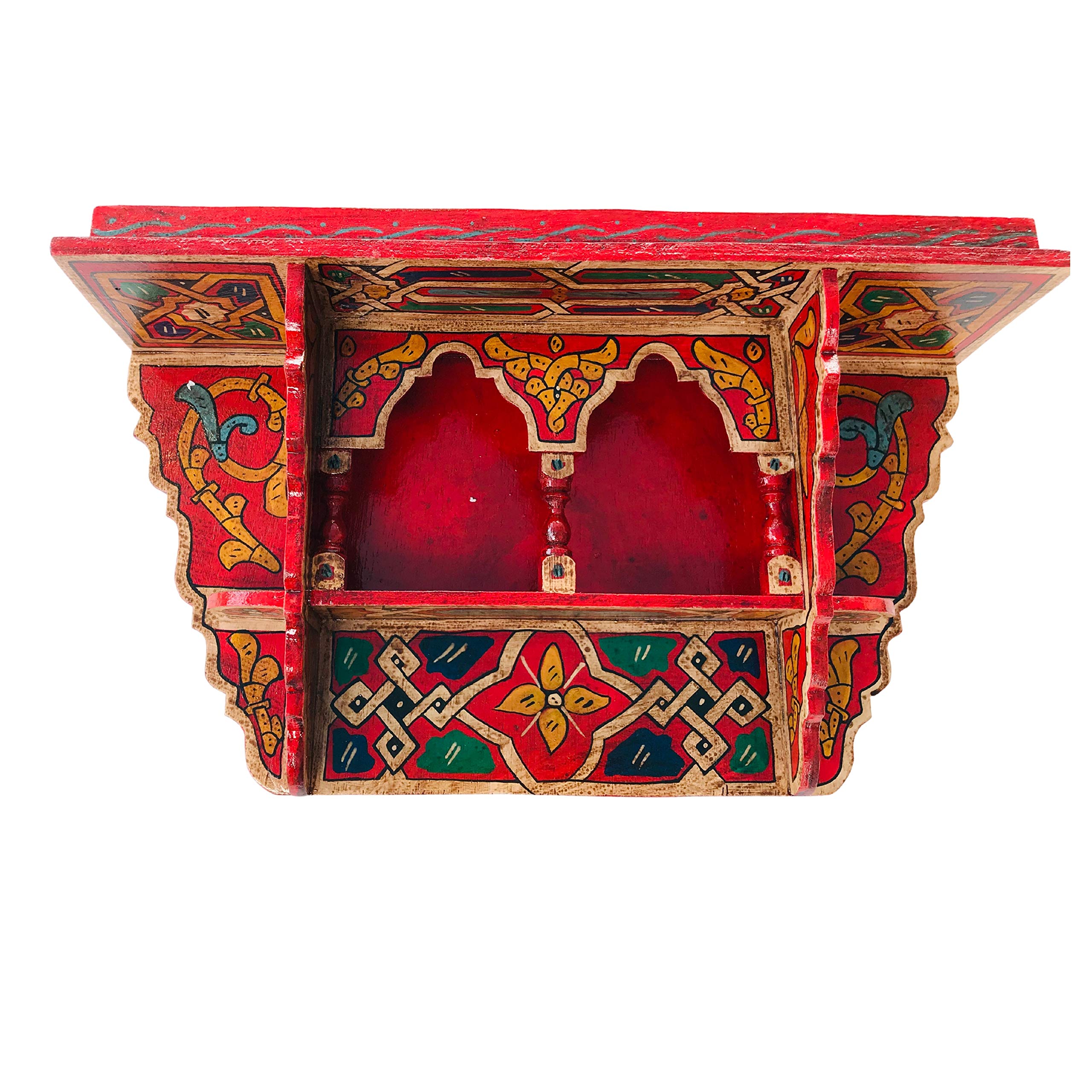 HibArt Moroccan Wooden Floating Shelves - Hand Painted Zouak Style Arabic Hanging Wall Shelf (Medium, Red Brick) for Living Room, Bedroom & Bathroom Decor