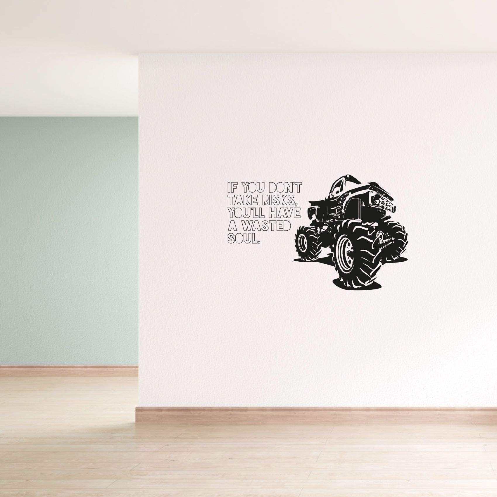 Monster Truck Toy Car Wall Sticker - Motivational Take Risks Quote Vinyl Decal for Kids Room, Bedroom, Nursery & Kindergarten Decor (27x30 inch) - Perfect for Boys & Girls Bedrooms, Playrooms and Classroom Wall Art