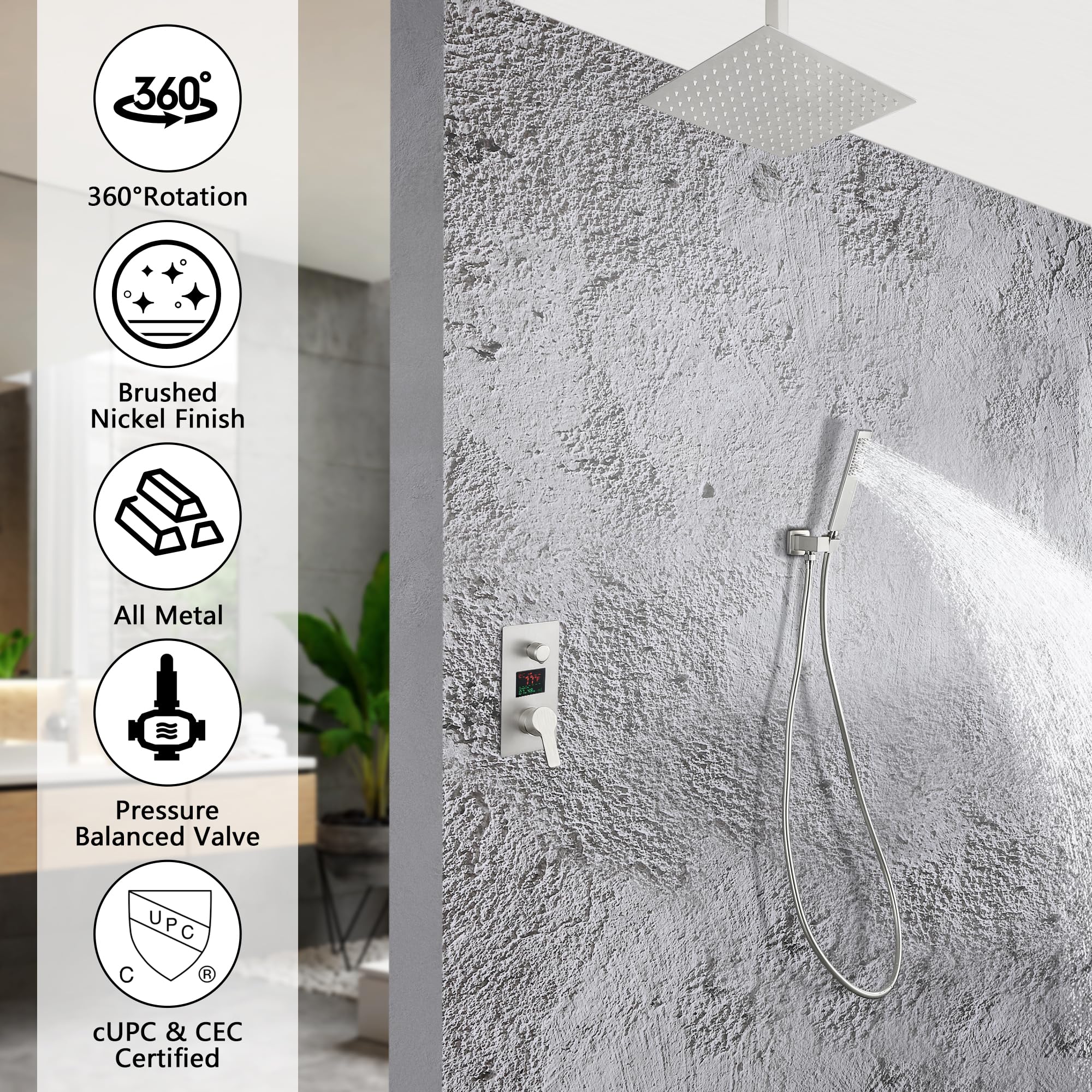 SKWOLL Brushed Nickel Shower Faucet Set - 12 Inch Ceiling Mount Rain Shower Head with Digital LCD Display & 2-Function Valve Kit | Modern Bathroom Upgrade for Spa-Like Experience