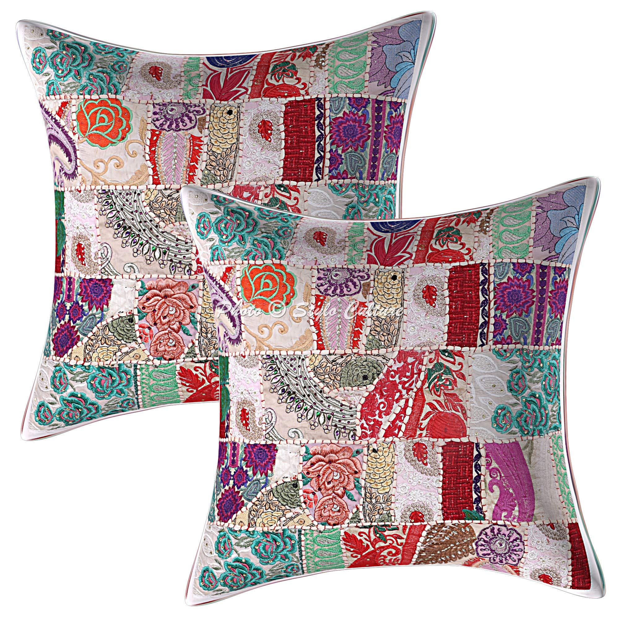 Boho Cotton Throw Pillow Covers 24x24 Inch - Vintage Patchwork Floral Decorative Cushion Covers for Sofa, Couch & Bed (Set of 2) - Perfect for Bohemian, Farmhouse & Eclectic Home Decor