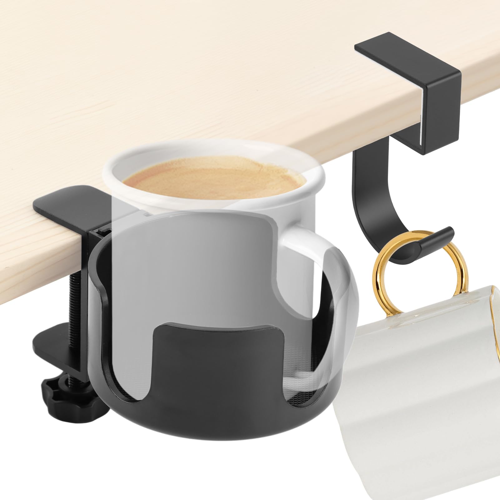 Anti-Spill Desk Cup Holder Clamp - Metal Office & Gaming Desk Accessory for Coffee Mugs, Water Bottles, Headset & Pencil Organization (3.74 Inch, Black) - Perfect for Home Office, Gaming Setup & Workspace Organization