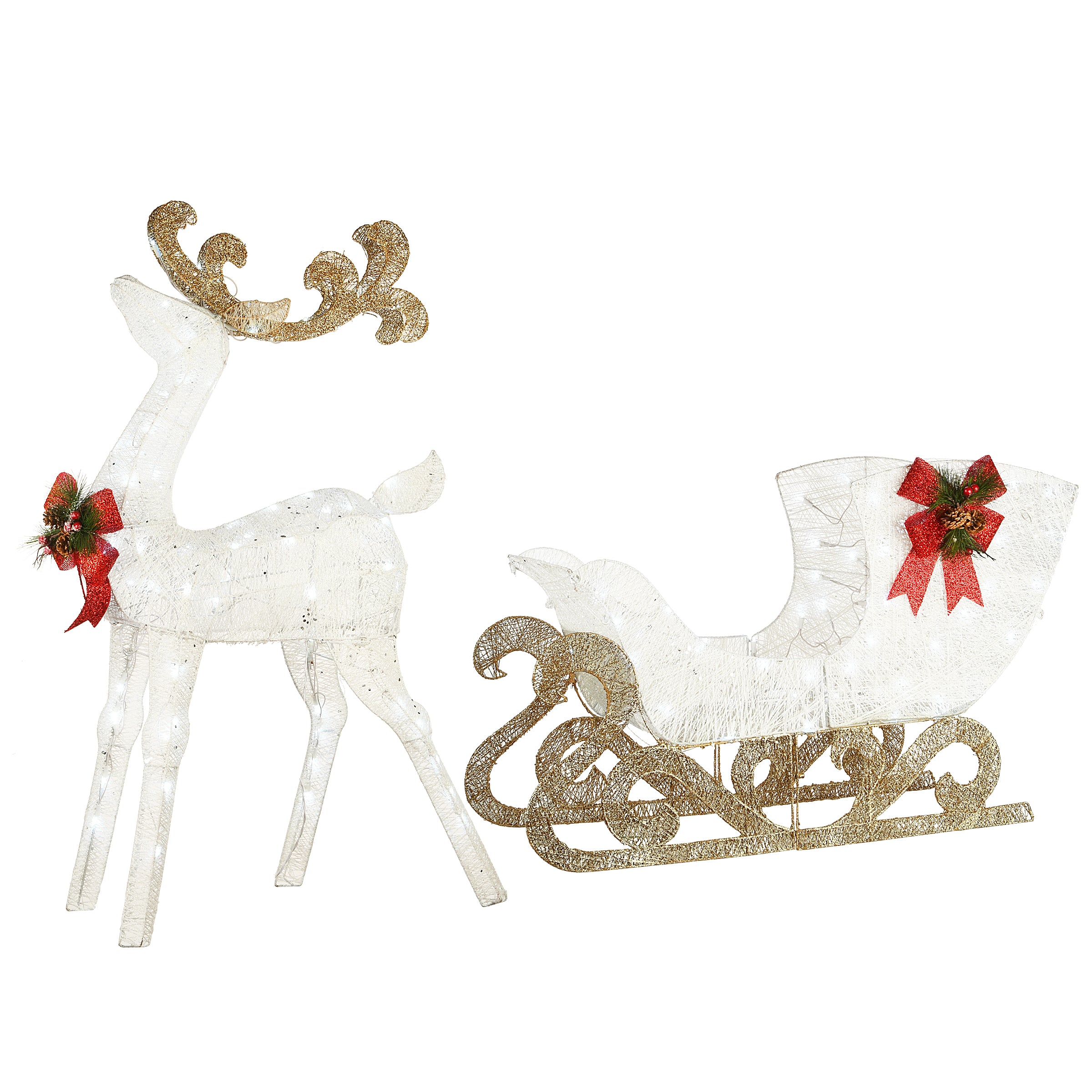 48-Inch Pre-Lit Sisal Reindeer and Sleigh Christmas Decoration with Cool White LED Lights - Perfect for Indoor/Outdoor Holiday Decor, Mantel, Porch, and Yard Display