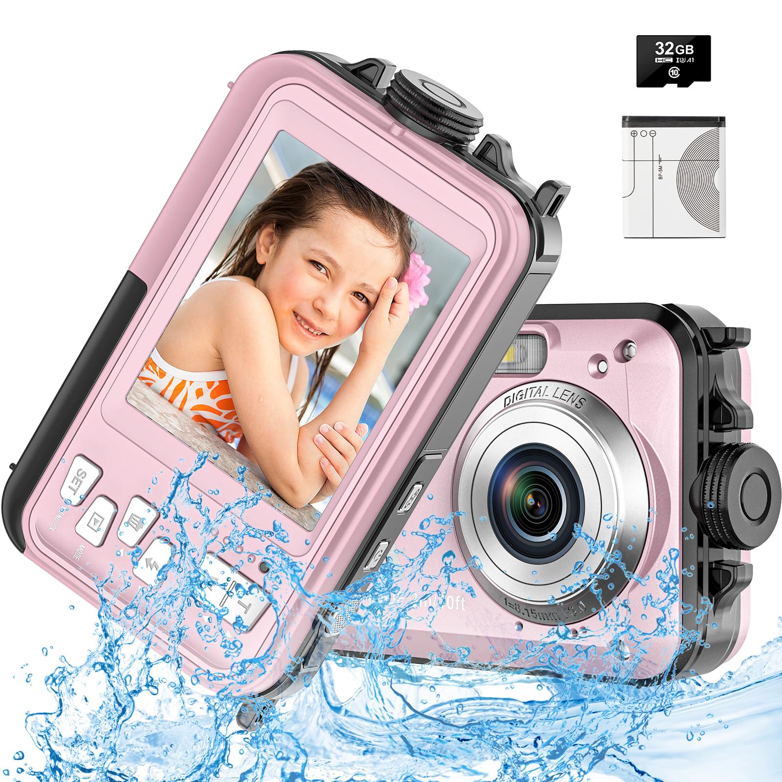 Waterproof Digital Camera 10FT Underwater, 1080P Full HD 30MP Kids Camera with 16X Zoom & Anti-Shake - Perfect for Swimming, Snorkeling & Outdoor Adventures (Pink)