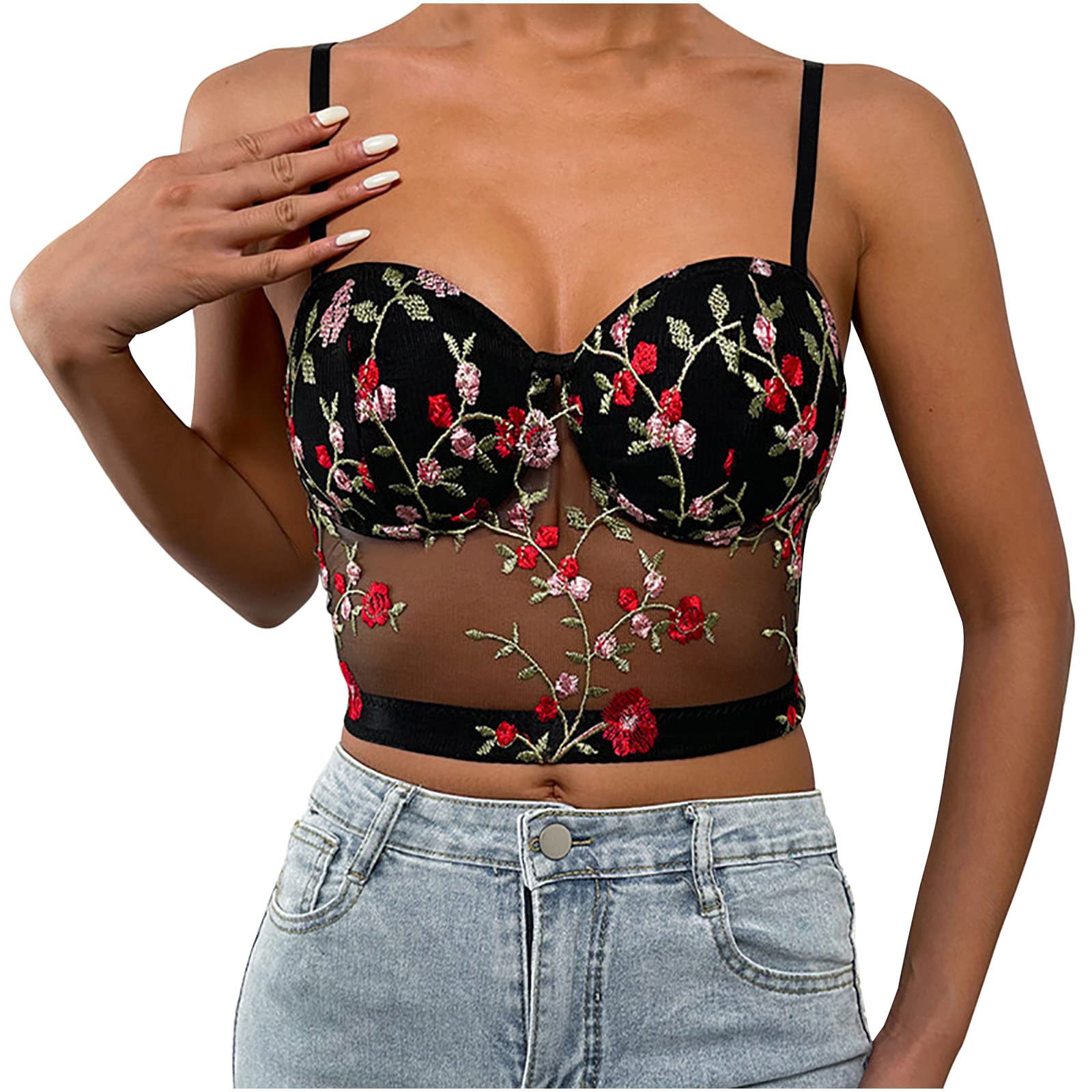 Women's Sexy Embroidery Flower Sleeveless Mesh Crop Top - Corset Camisole with Spaghetti Straps for Summer, Beach, Party & Night Out