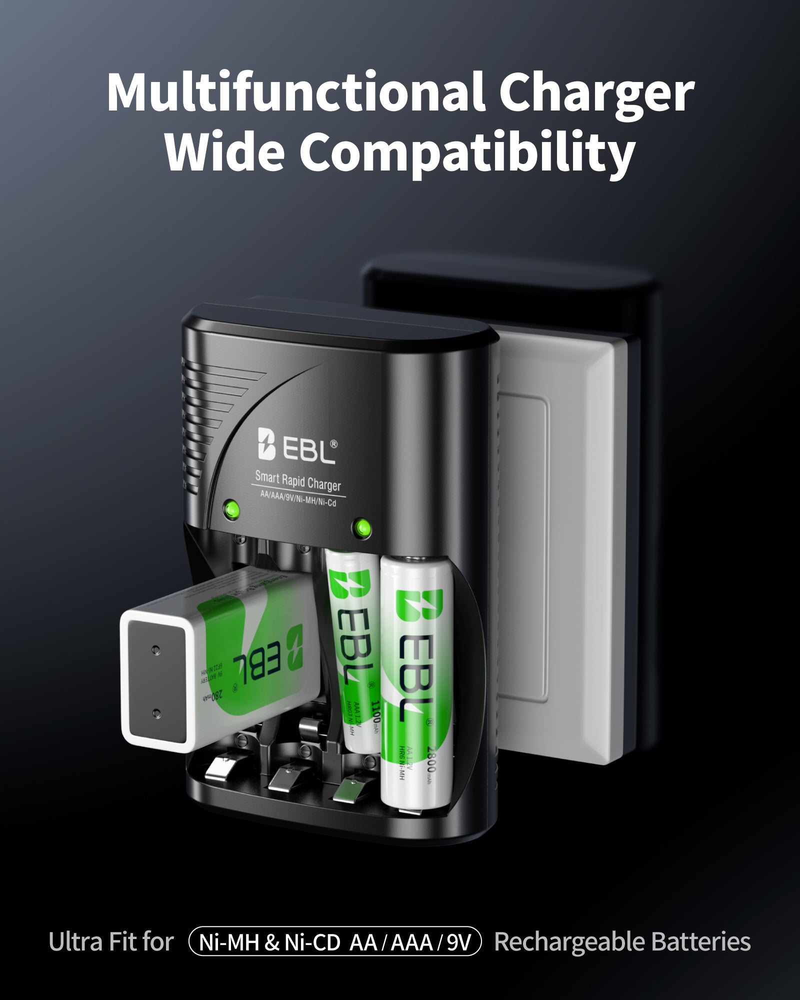 EBL 802 Smart Battery Charger for 9V AA AAA NiMH NiCD Rechargeable Batteries - Fast Charging for Cameras, Toys, Flashlights & Electronics