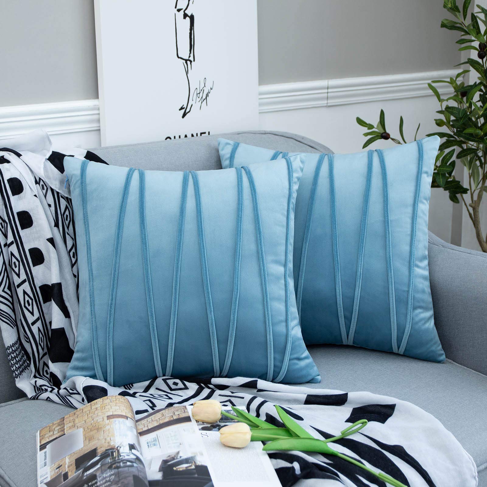 JUSPURBET Velvet Striped Decorative Throw Pillow Covers - Set of 2 (20x20 Inches) - Soft Light Blue Cushion Covers for Sofa, Couch & Bed - Perfect for Living Room, Bedroom & Home Decor