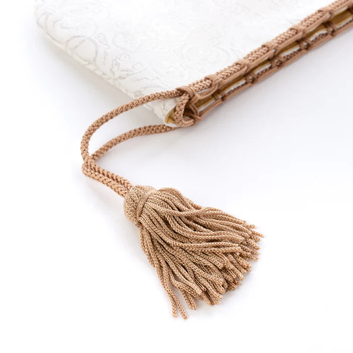 Nishijin Woven Small Drawstring Bag - Grapevine & White Silver | Handmade in Kyoto Japan | Traditional Japanese Craft Purse for Coins, Jewelry & Gifts