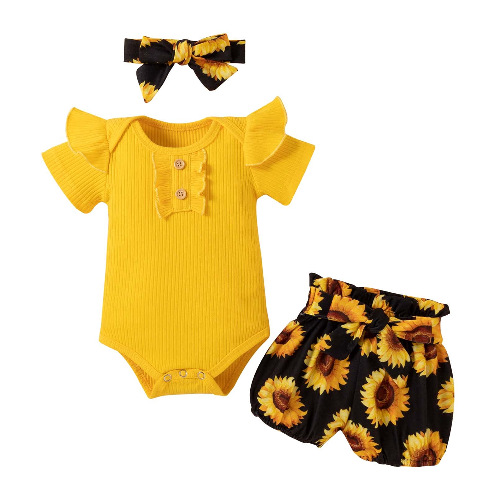 Adorable Toddler Baby Girl Clothes Set - Lace Short Sleeve Romper & Sunflower Shorts with Headdress - Newborn Outfit for Infants 0-24 Months | Perfect for Summer Photos, Birthday Parties & Special Occasions