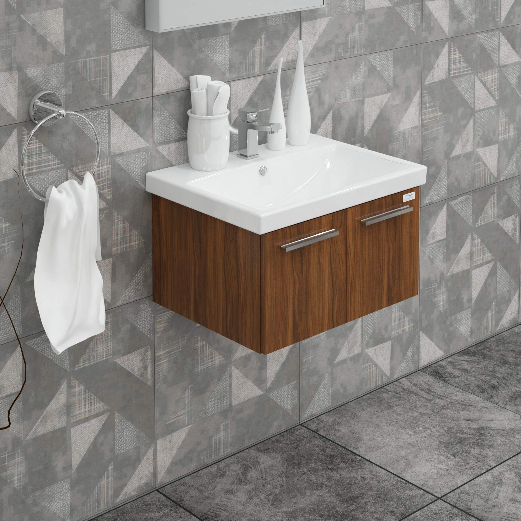 32 Inch Single Sink Bathroom Vanity Set with LED Mirror & Side Cabinet - Modern Floating Wood Vanity with Soft Closing Doors & Ceramic Sink - Wall Mounted Bathroom Storage - Matte Walnut Finish - Perfect for Small Bathrooms, Apartments & Modern Home Decor