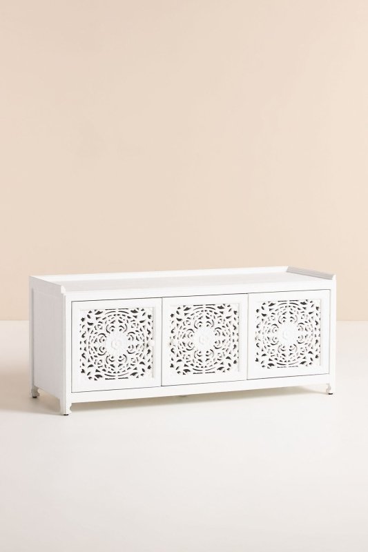Hand Carved Lombok Storage Bench - Solid Wood Entryway Bench with Storage for Shoes & Coats | Perfect for Hallway, Living Room & Bedroom Organization