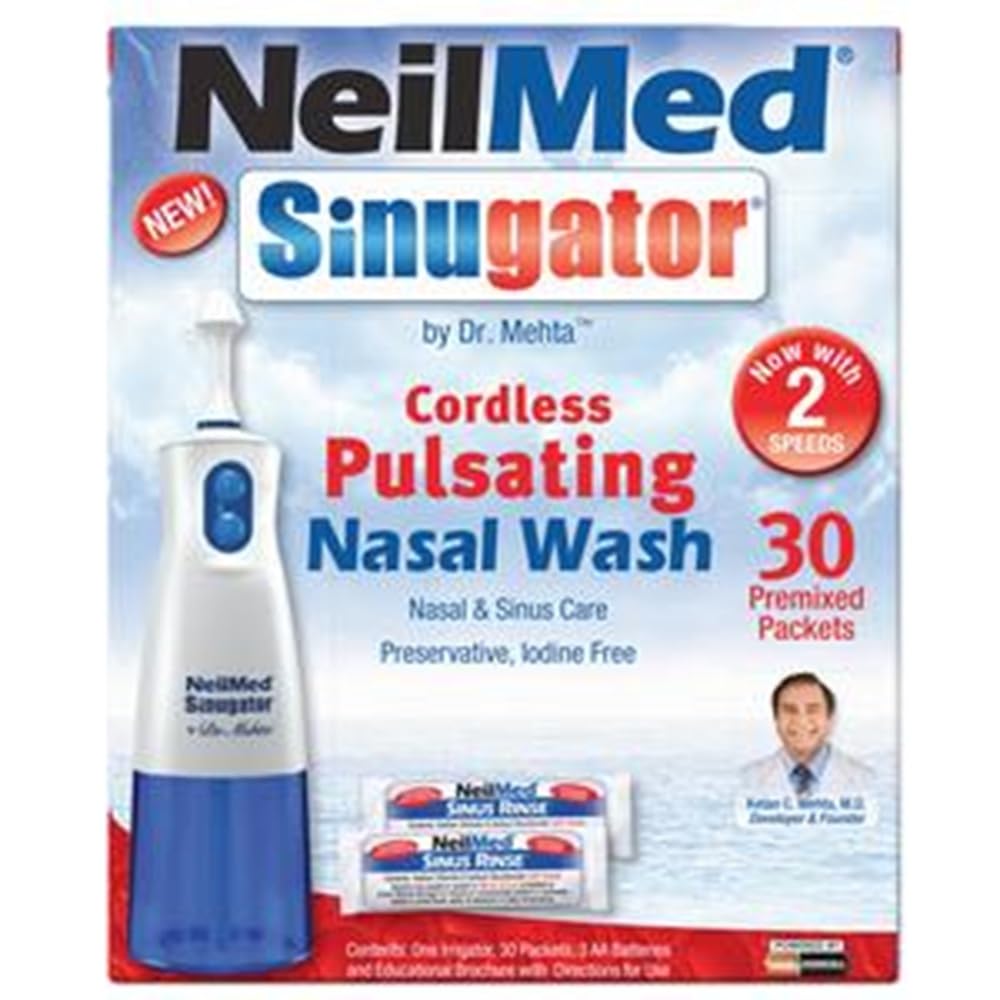 NeilMed Sinugator Cordless Pulsating Nasal Wash with 30 Premixed Packets (2-Pack) - Gentle Nasal Irrigation for Sinus Relief, Allergies & Congestion - Perfect for Travel & Daily Use