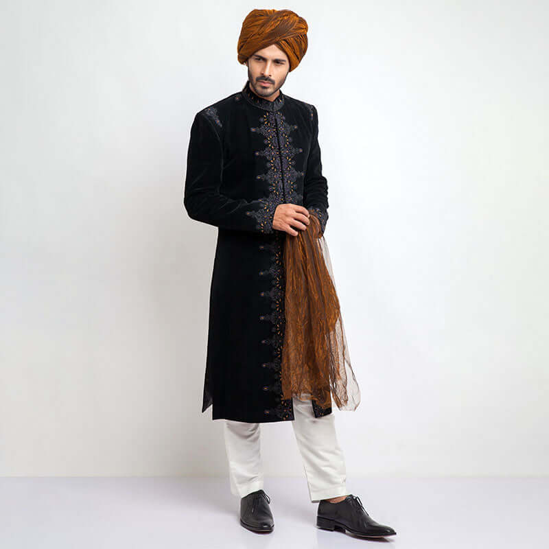 Premium Jet Black Velvet Sherwani for Men - Elegant Form-Fitted Indian Wedding Attire | Perfect for Grooms, Festivals & Special Occasions