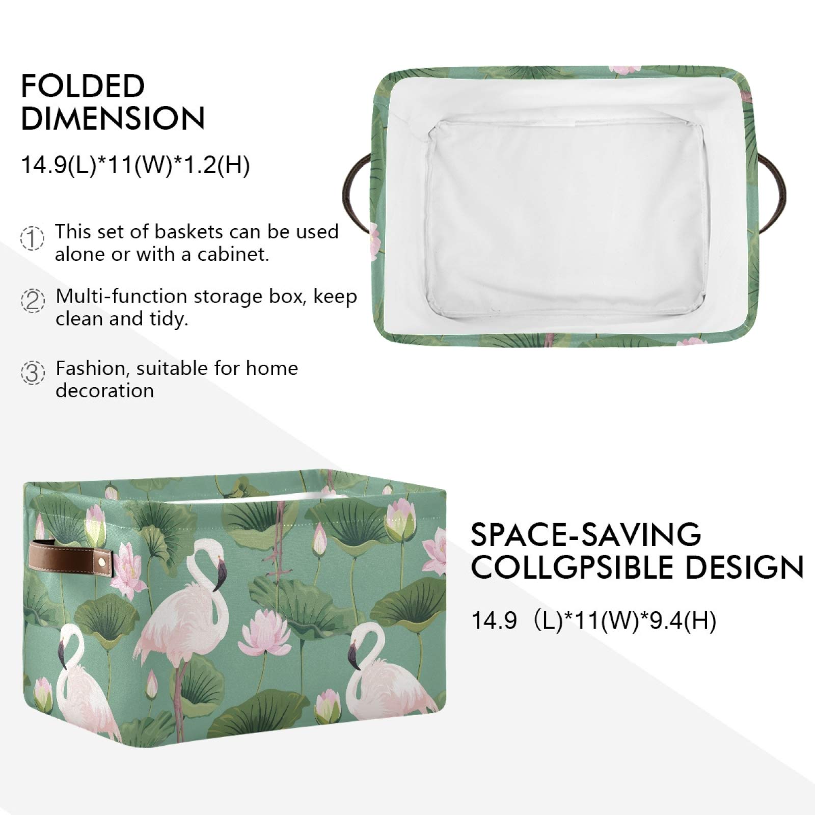 Susiyo Large Foldable Storage Bin - Pink Flamingo Lotus Fabric Collapsible Basket with PU Handles for Home Organization (1-Pack) | Perfect for Shelves, Closet, Bedroom & Living Room Storage