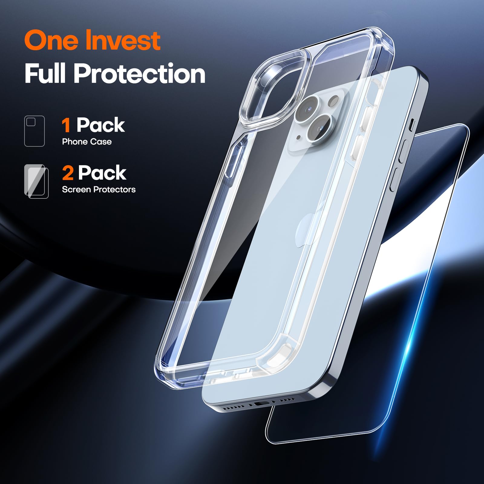Tauri iPhone 15 Case [3-in-1] Clear Protective Cover with 2X Tempered Glass Screen Protectors | Military-Grade 15FT Drop Protection | Anti-Yellowing Slim Shockproof Case for iPhone 15 | Perfect for Outdoor Activities, Travel & Daily Protection