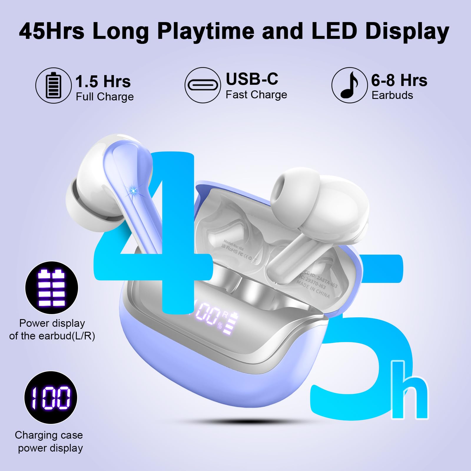 Wireless Earbuds Bluetooth 5.4 with Deep Bass Stereo, 4 ENC Mic Noise Cancelling in-Ear Headphones, 45H Playtime LED Display Mini Charging Case, IP7 Waterproof for Android iOS - Perfect for Gym, Running, Workouts & Commuting