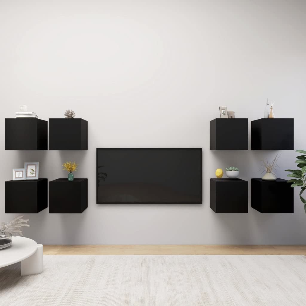 8-Piece Wall Mounted TV Cabinet Set - Modern Black Stereo & Gaming Entertainment Center (12