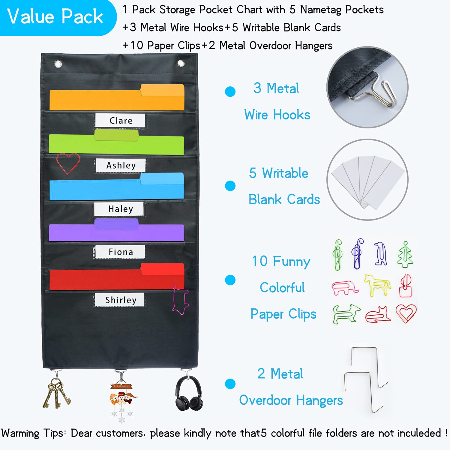 5-Pocket Hanging File Organizer - Wall Mount Paper Storage for Office, Classroom & Home - Includes 3 Wire Hooks, 2 Over-Door Hangers & 10 Fun Paper Clips - Perfect for Bills, Documents & School Supplies Organization