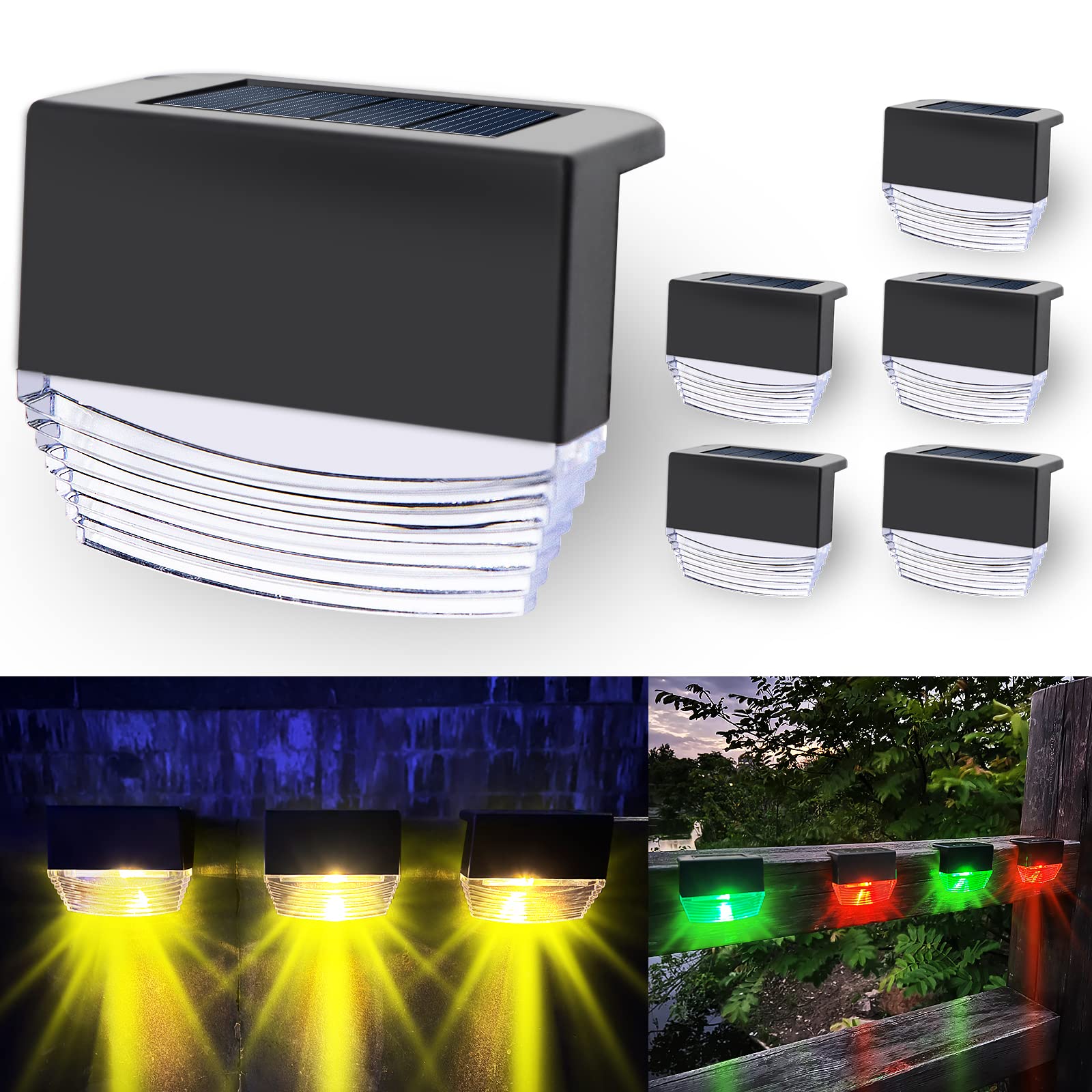 Solar Deck Lights 6 Pack - IP65 Waterproof Outdoor Solar Step Lights, 10 Lumens LED Color Changing Solar Lights for Stairs, Fence, Railing, Yard, Pool - Multicolor Decorative Landscape Lighting for Patio, Garden, Walkway, Driveway (Type_A)