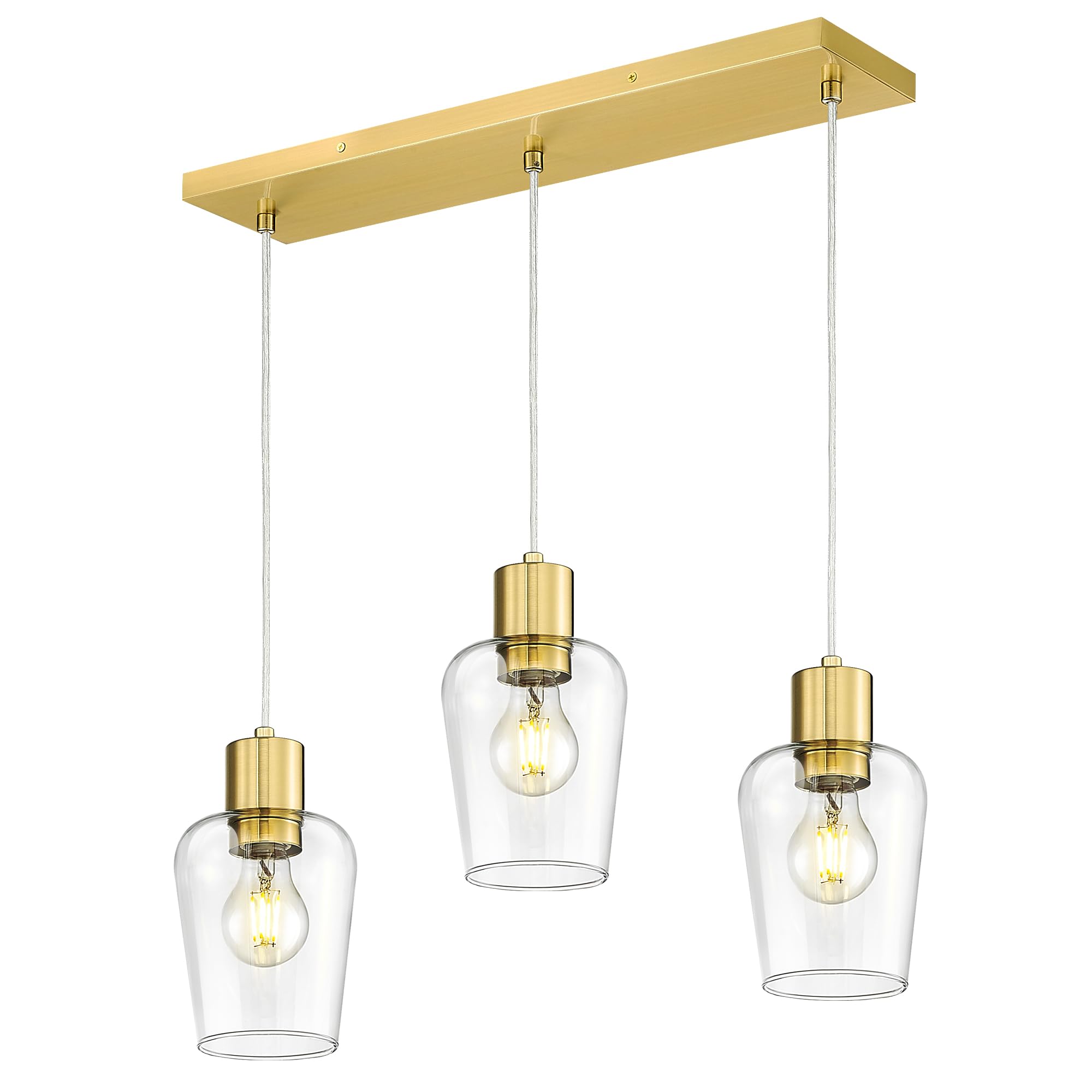 Brushed Gold 3-Light Linear Chandelier - Farmhouse Style Kitchen Island Pendant Lighting with Clear Glass Shade - Perfect for Dining Room, Breakfast Nook & Modern Farmhouse Decor (Model: LMS-123SPL-BG3)