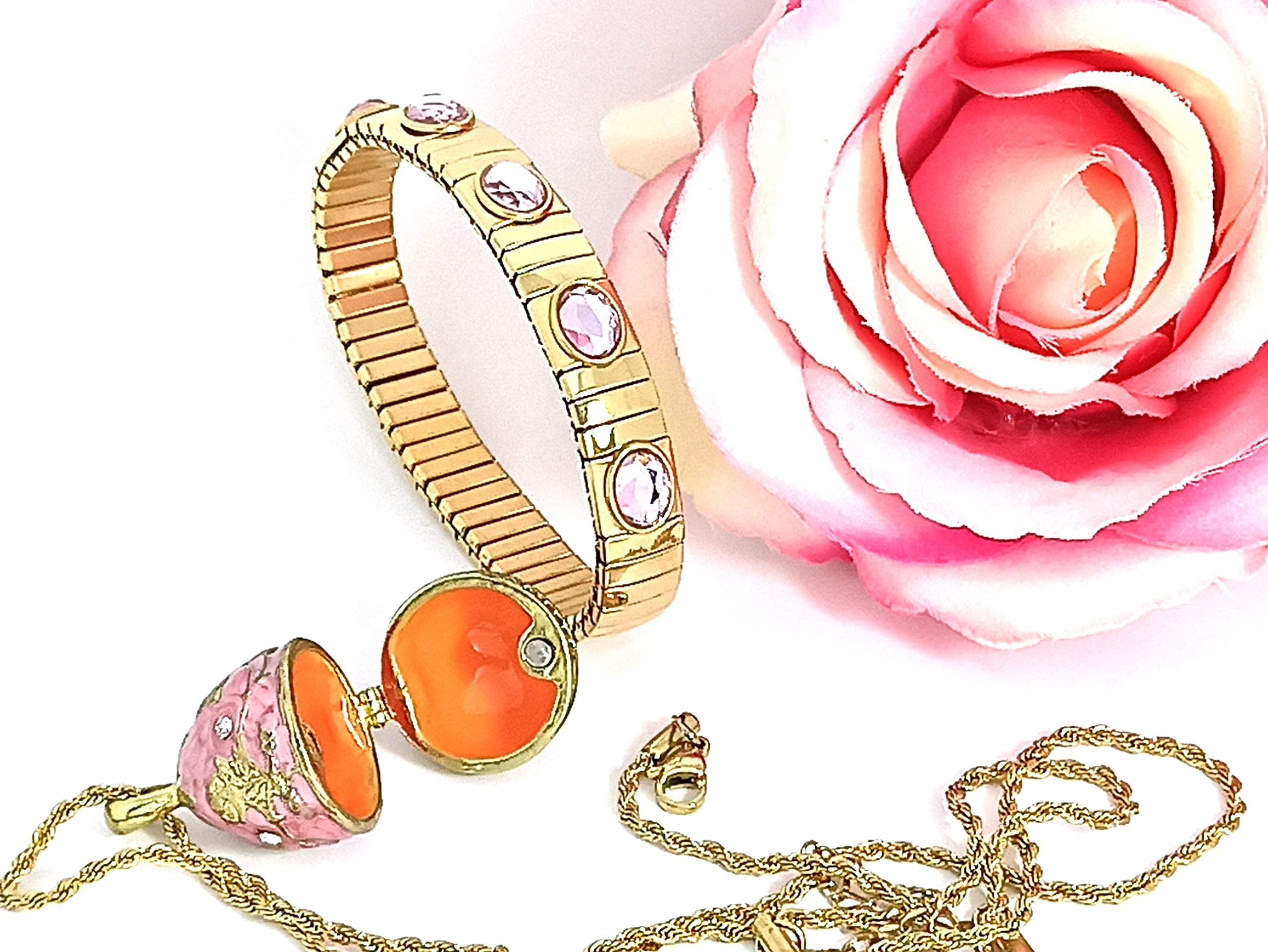 Handmade Fabergé Egg Jewelry Set - 24K Gold Russian Egg Pendant Necklace & Bracelet with 23.5