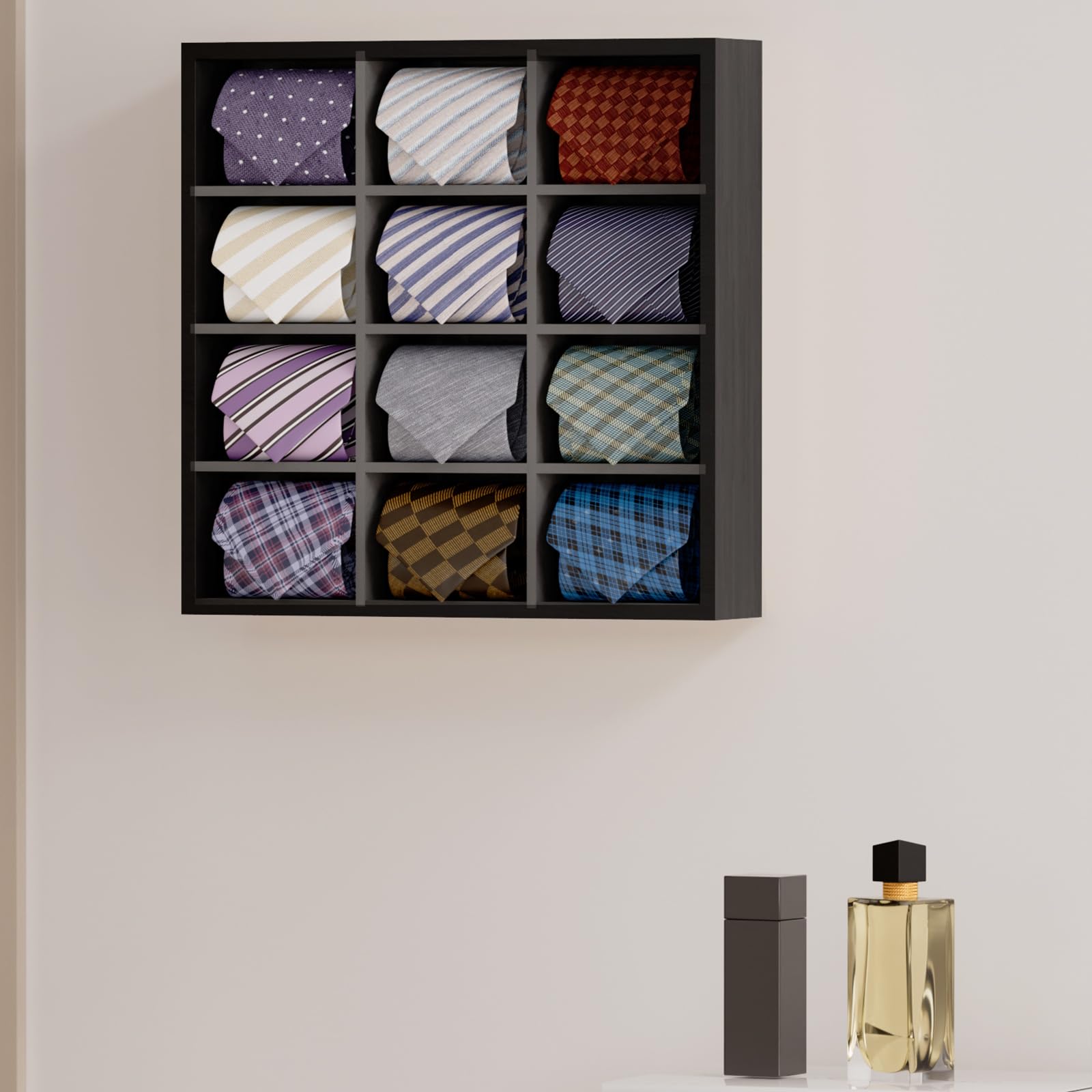 Bamboo Wall Mounted Tie Organizer - Holds 16 Ties, 12 Grids Black Tie Rack for Men | Space-Saving Closet Storage & Necktie Display for Home & Office Organization