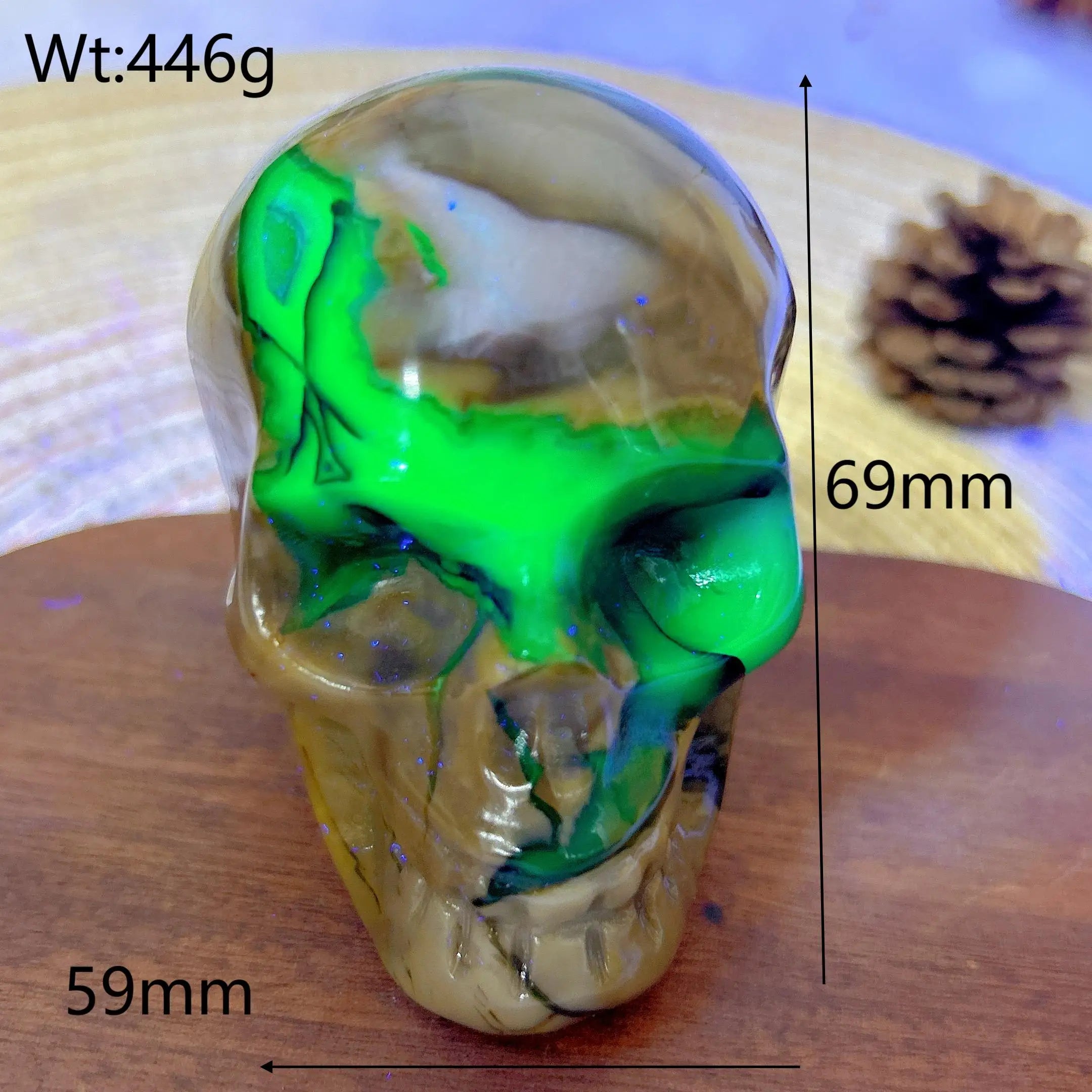 Natural Volcanic Agate Skull Carving with UV Light Effect - Green Flashy Healing Crystal for Energy, Home Decor & Spiritual Gifts | Perfect for Meditation, Feng Shui & Unique Gift Giving