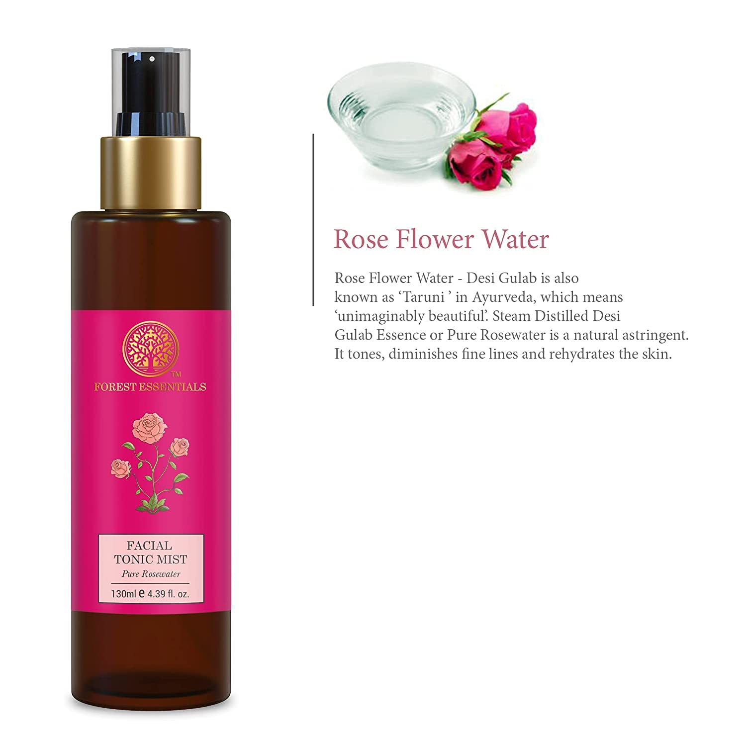 Forest Essentials Pure Rosewater Facial Tonic Mist 130ml | Hydrating & Refreshing Face Spray for Dry Skin | Perfect for Daily Skincare Routine & Makeup Setting