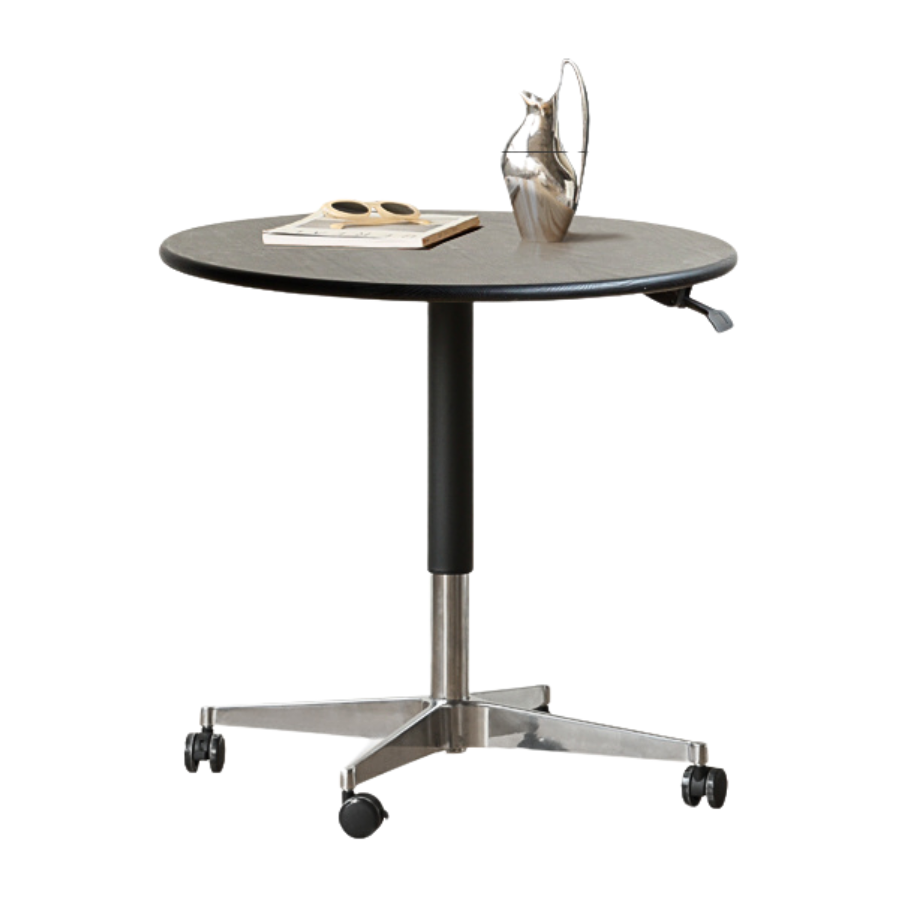 27.5x27.5x22-32.3 inch/ 70x70x56-82 cm/ Smoky color/ Oak round table black and silver metal legs