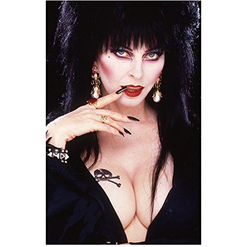 Elvira 8x10 Inch Photo Print from Slide - Cassandra Peterson with Skull & Crossbones Tattoo Biting Fingernails - Vintage Horror Memorabilia for Home Decor, Fan Collections & Halloween Party Decorations