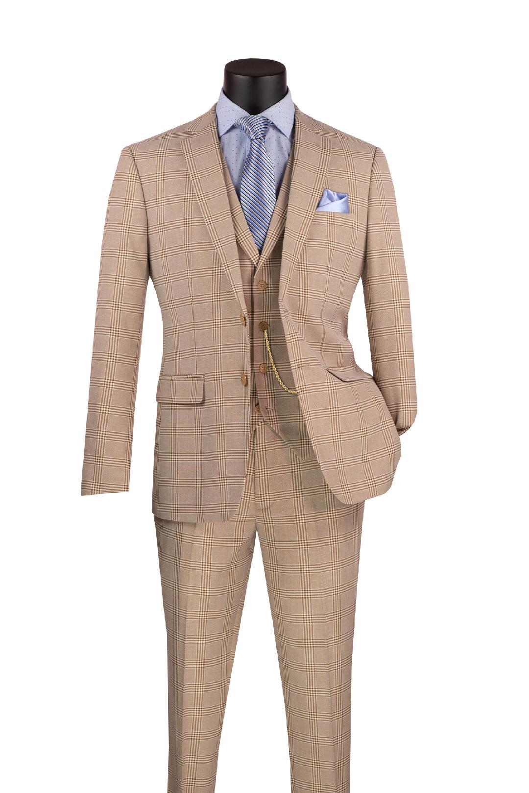 Glen Plaid Slim Fit 3-Piece Suit with 2 Buttons in Beige | Formal Business Attire for Weddings & Office Meetings
