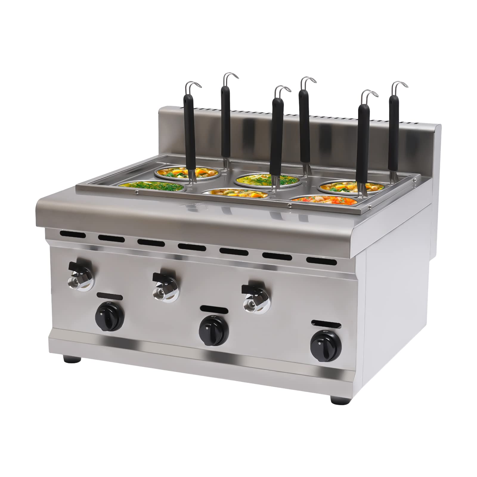 Commercial Pasta Cooker with 6 Strainer Baskets - LPG Gas Noodle Cooking Machine for Restaurants - 3 Compartments & 6 Noodle Filters - Perfect for Pasta, Ramen & Pho Preparation in Commercial Kitchens