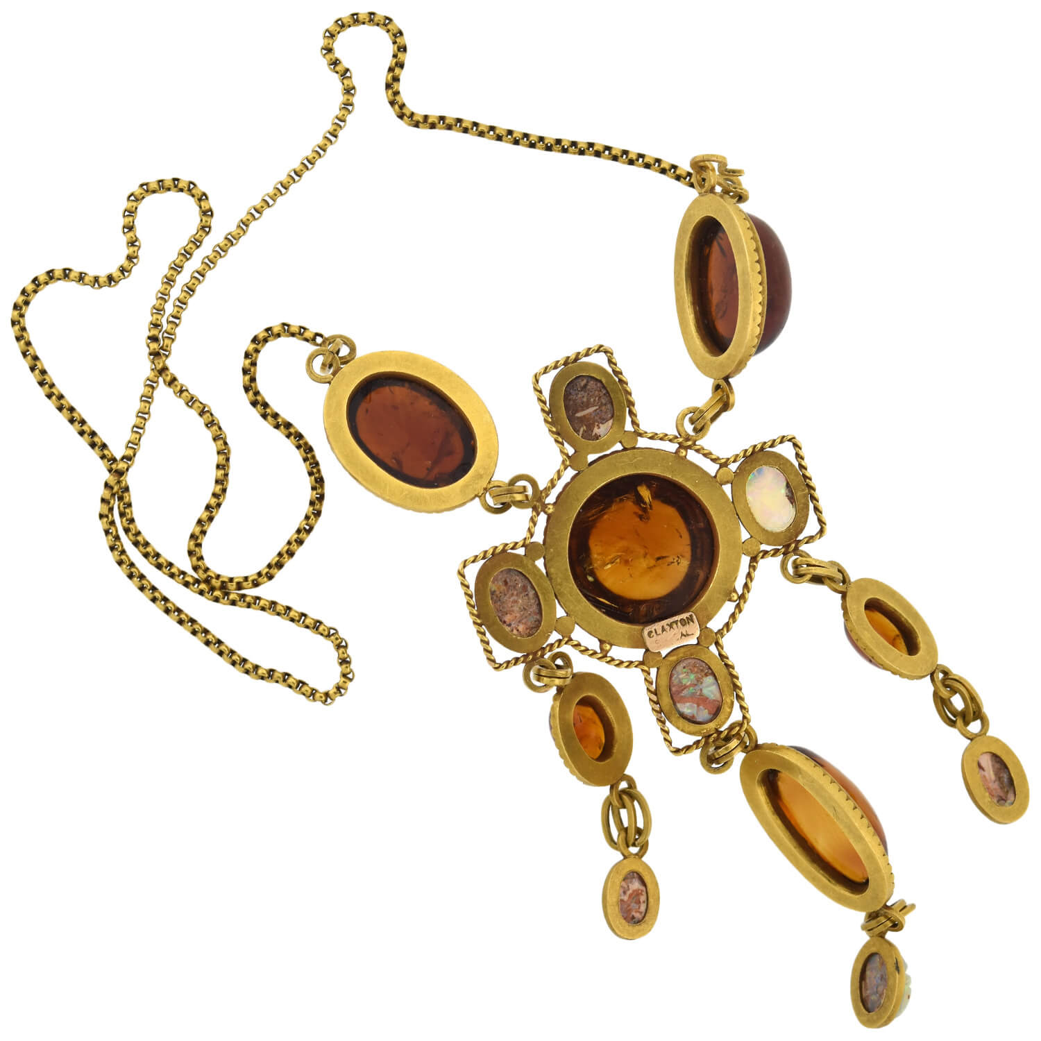 14K Gold Art Nouveau Egyptian Revival Necklace with Amber and Carved Opal Scarab - Vintage Jewelry for Women, Perfect for Weddings, Parties & Special Occasions