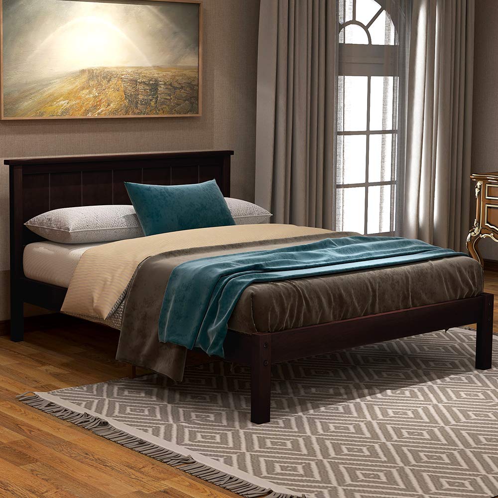 Rockjame Premium Wood Twin Platform Bed Frame with Headboard - Sturdy Slat Support, Easy Assembly, No Box Spring Needed - Perfect for Small Bedrooms, Guest Rooms & Dormitories