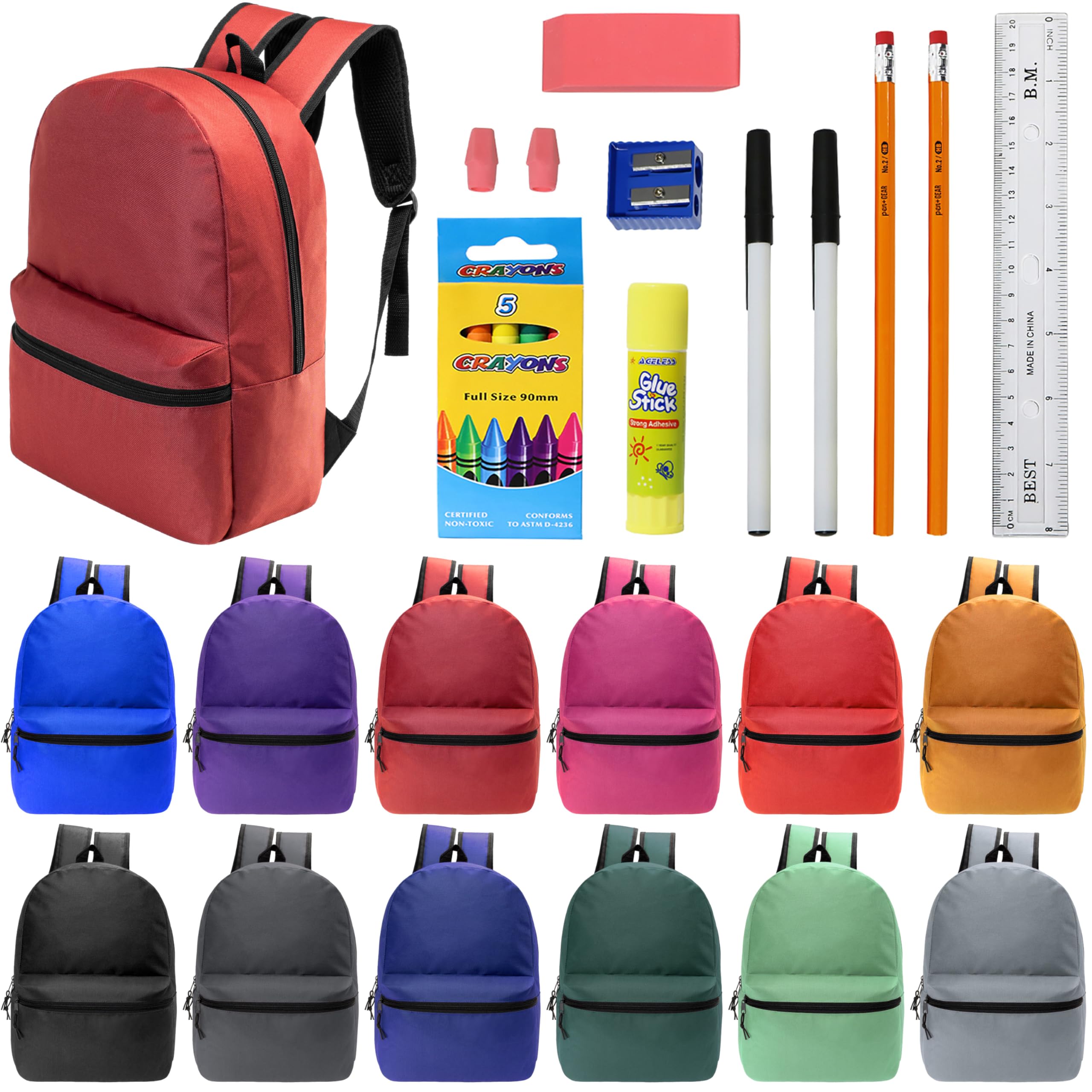 Moda West 17 Inch Bulk Backpacks with 16-Piece School Supplies Kit (Pens, Pencils, Crayons) - Case of 12 Wholesale Backpacks in 12 Colors - Perfect for Back to School, Classroom Supplies & Student Gifts