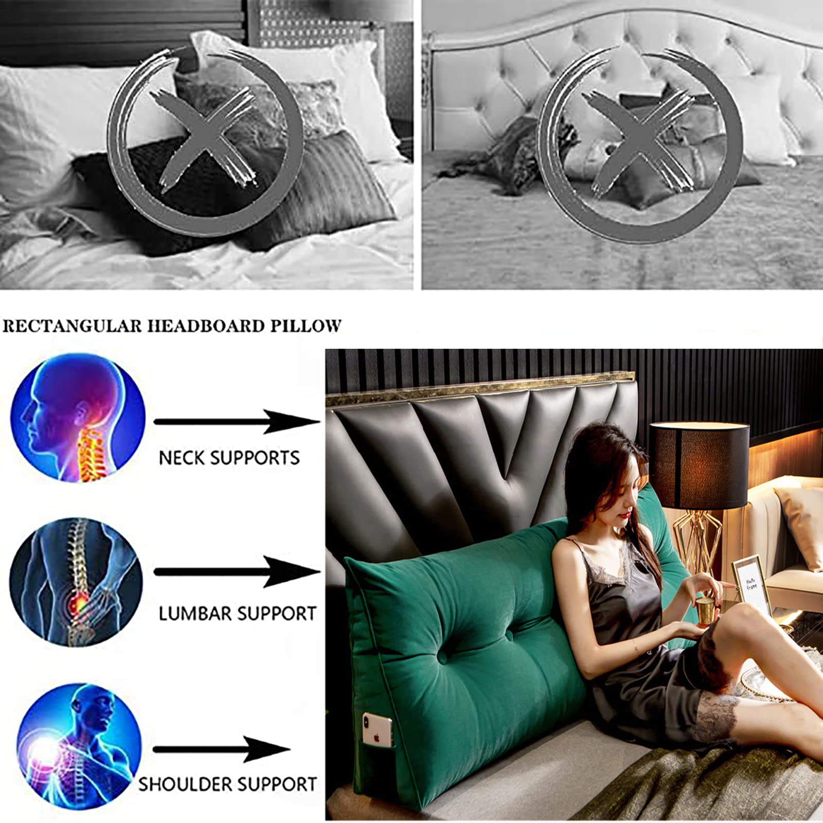 **Large Triangular Bed Wedge Pillow - Soft Velvet Headboard & Daybed Pillow for Reading, Backrest Support - Perfect for Bed, Sofa & Reading Nook**
