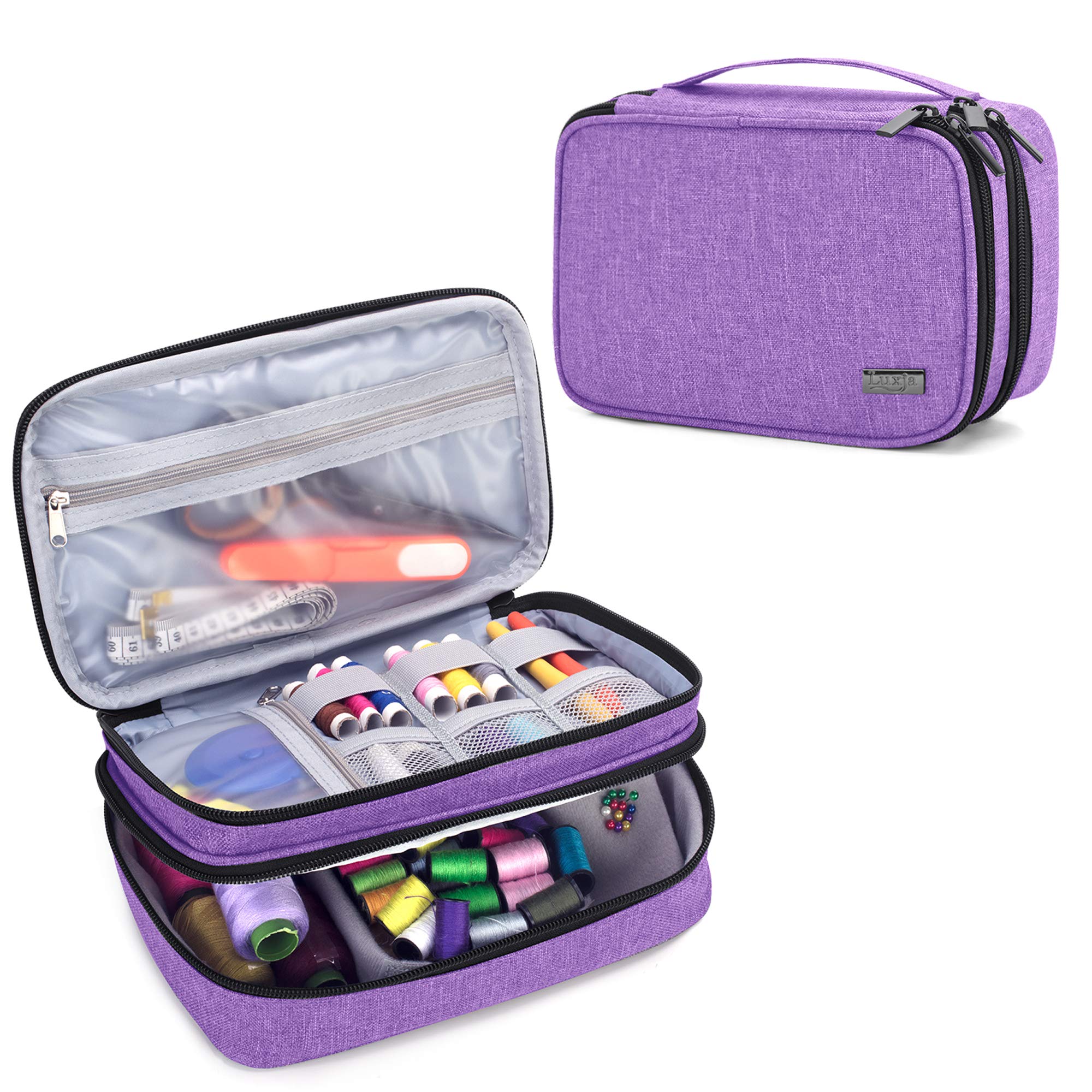 Luxja Double-Layer Sewing Organizer for Needles, Scissors, Measuring Tape & Thread - Purple Sewing Supplies Storage Case - Perfect for Home Sewing, Quilting & Craft Projects