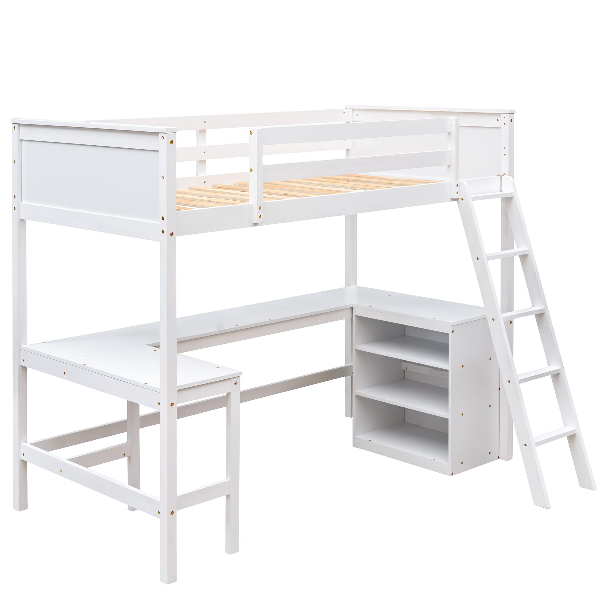 Merax Twin Size Wooden Loft Bed with Desk, Ladder & Shelves - Space-Saving Study & Sleep Solution for Kids & Teens - White