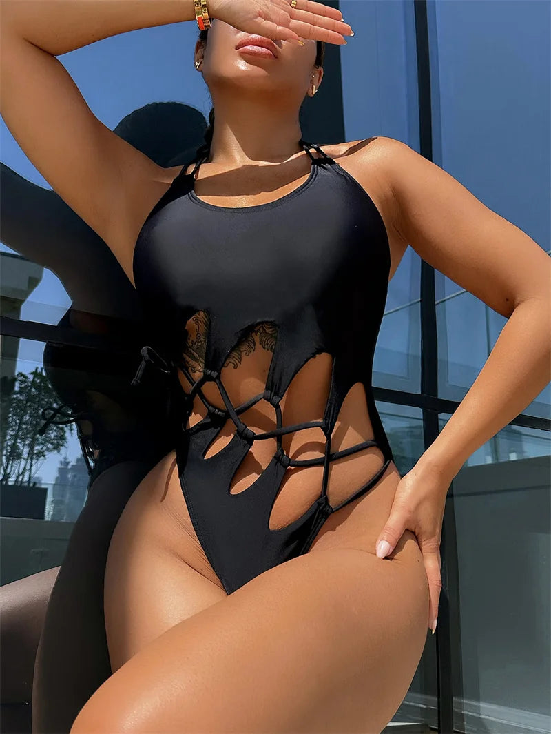 Sexy Black Halter One Piece Swimsuit for Women - 2024 High Waist Monokini with Drawstring & Hollow Out Design | Perfect for Beach Vacation, Pool Party and Summer Getaways