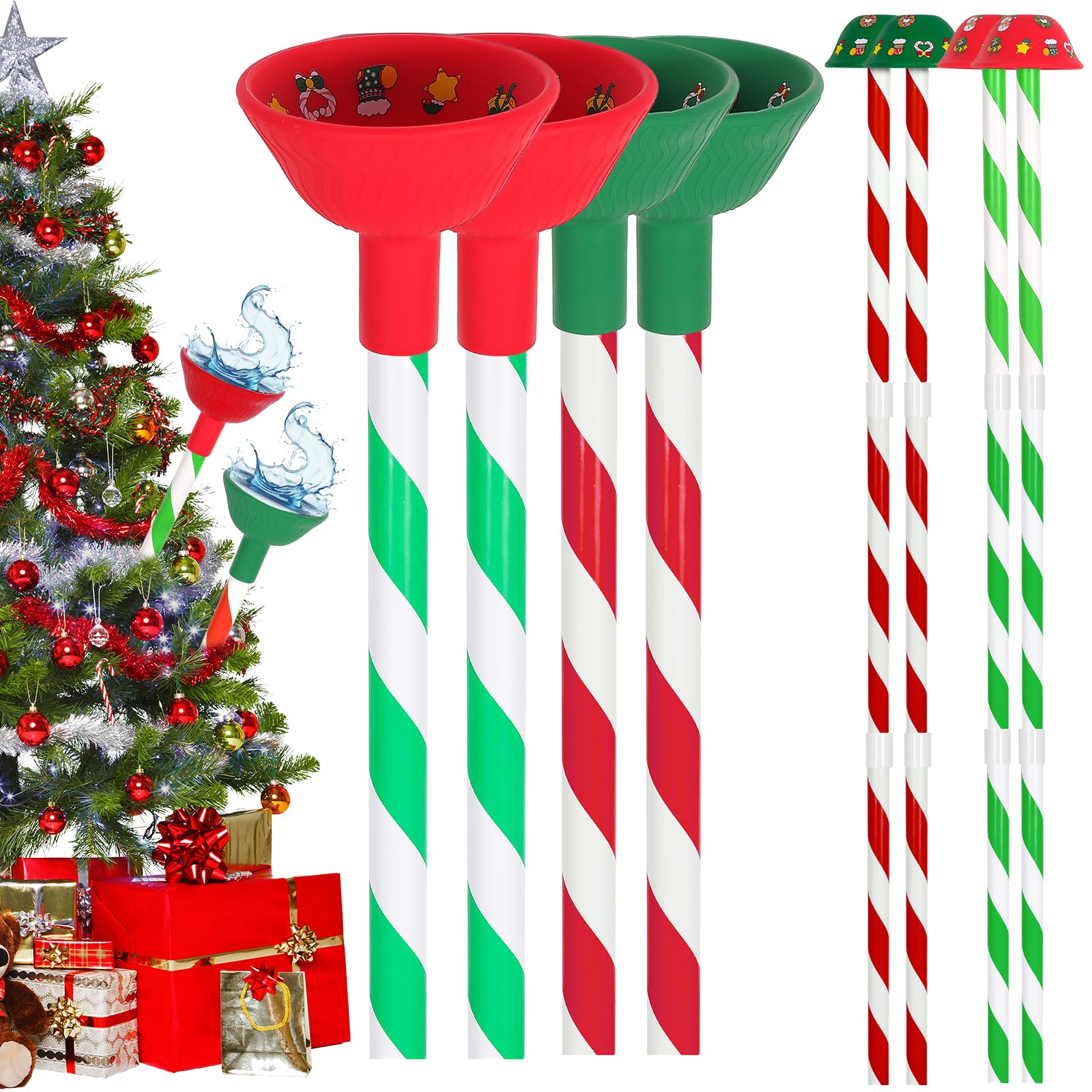 Christmas Tree Watering System with Long Funnel - 4Pcs Red & Green Xmas Tree Watering Decorations for Easy Holiday Tree Care | Perfect for Indoor Christmas Tree Maintenance & Festive Home Decor