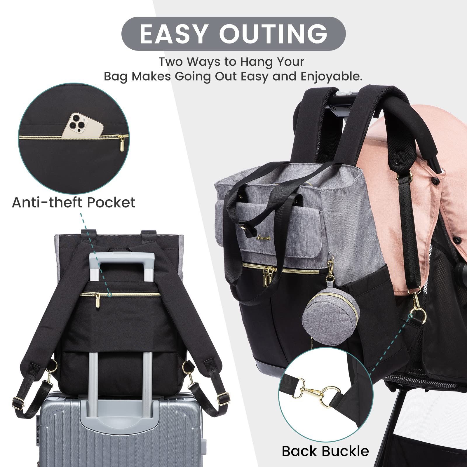 Kumini LOVE2024 Multifunctional Baby Changing Backpack for Women - Waterproof Diaper Bag, Maternity & Travel Backpack, Black Grey - Perfect for Nursing Moms, Daycare & Family Outings