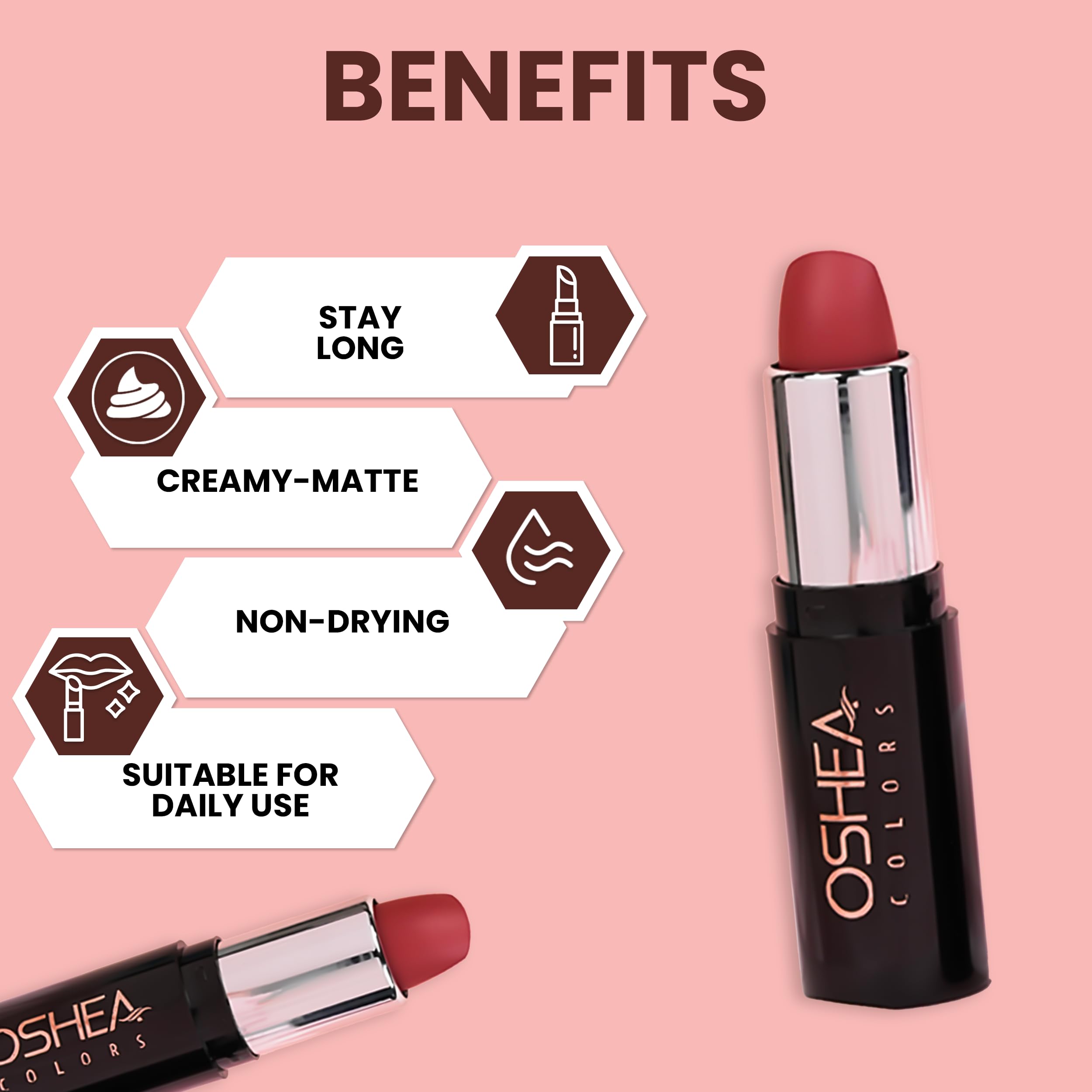 Oshea Colors Creamy Matte Lipstick - Long Lasting, Non-Drying Formula with Castor Oil & Shea Butter | Paraben Free | Perfect for Everyday Wear & Special Occasions (Lady Gaga 09, 4.2g)